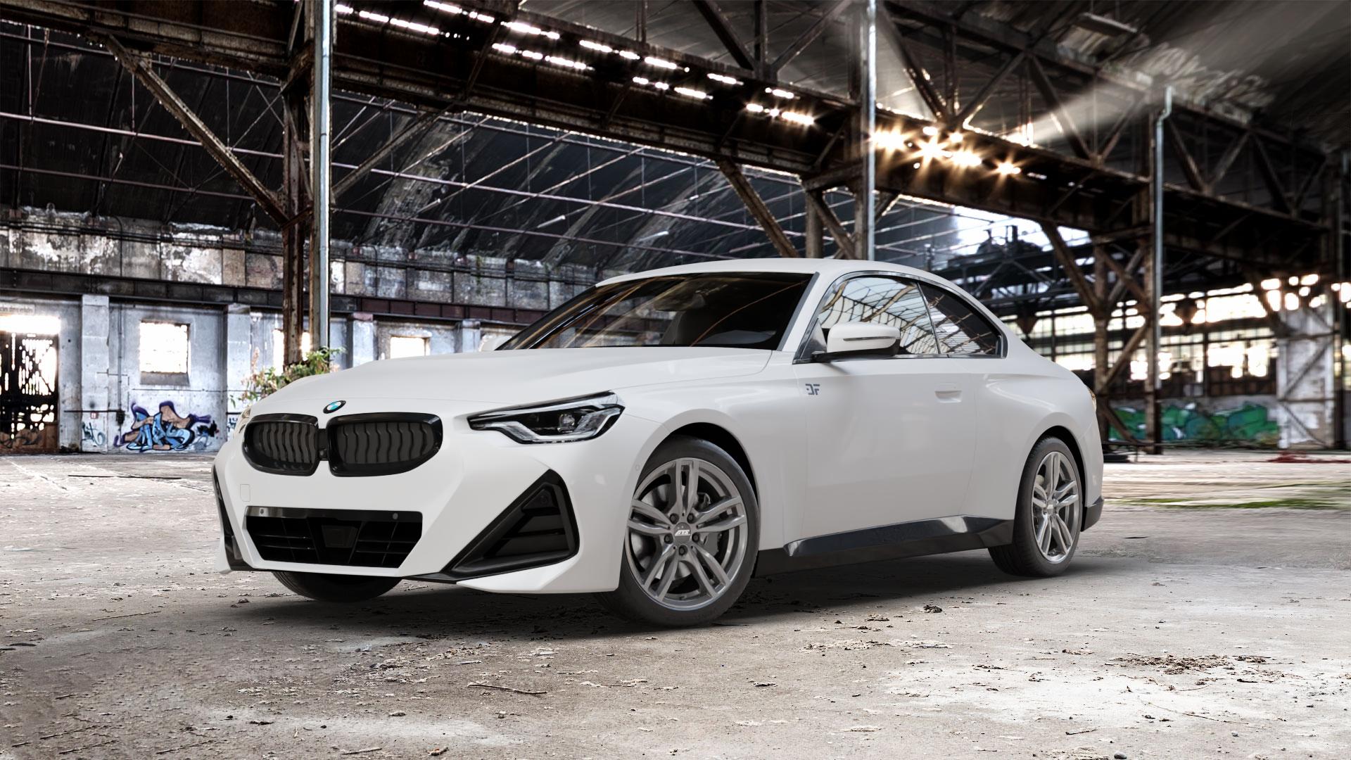 ATS Evolution dark-grey Felge mit Reifen grau in 18Zoll Winterfelge Alufelge auf weissem BMW 2er G42 Coupé (G2C) ⬇️ mit 15mm Tieferlegung ⬇️ Old Industrial Hall_max_5300mm_2024 Frontansicht_1