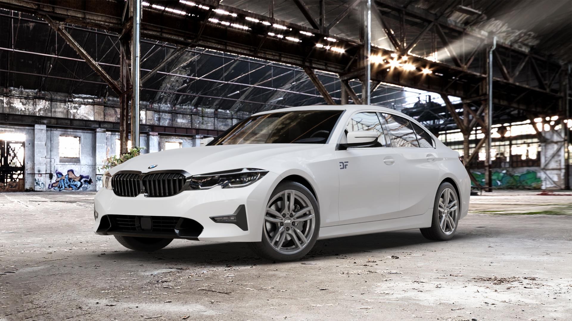 ATS Evolution dark-grey Felge mit Reifen grau in 18Zoll Winterfelge Alufelge auf weissem BMW 3er G20 Limousine (G3L) ⬇️ mit 15mm Tieferlegung ⬇️ Old Industrial Hall_max_5300mm_2024 Frontansicht_1
