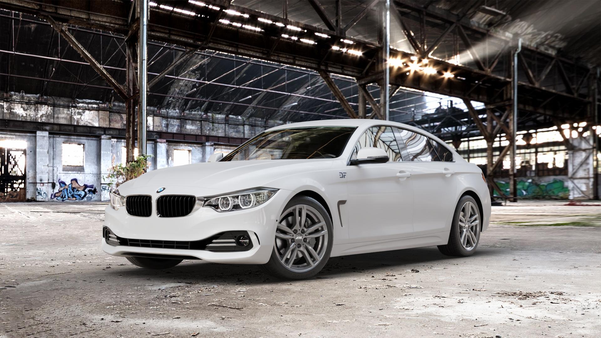 ATS Evolution dark-grey Felge mit Reifen grau in 18Zoll Winterfelge Alufelge auf weissem BMW 418d Typ F36 (Gran Coupe) 420d xDrive 420i 428i 435i 430d 440i 418i 430i 425d 4er Gran Coupe (3C) ⬇️ mit 15mm Tieferlegung ⬇️ Old Industrial Hall_max_5300mm_2024 Frontansicht_1