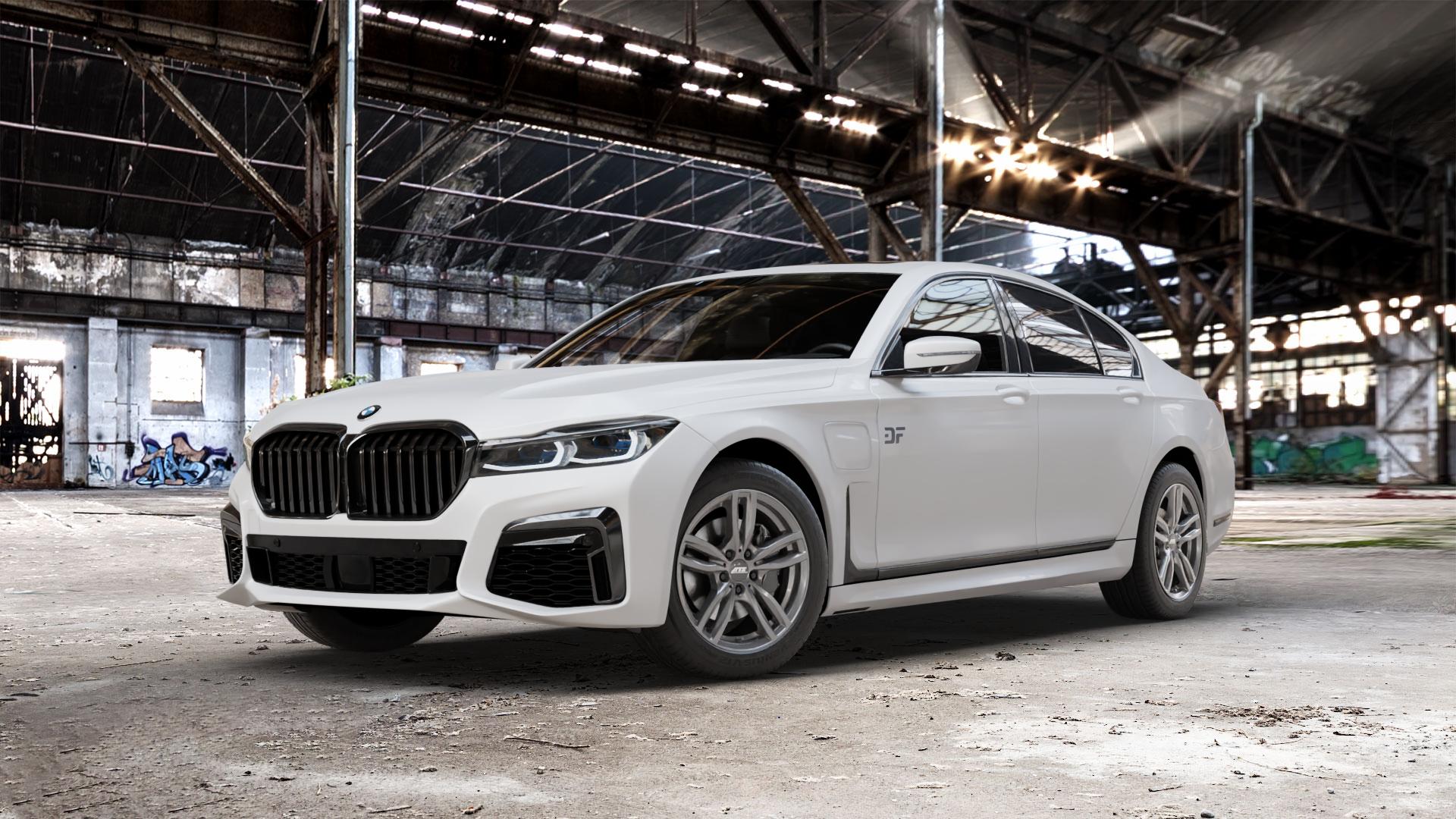 ATS Evolution dark-grey Felge mit Reifen grau in 18Zoll Winterfelge Alufelge auf weissem BMW 730i Typ G11 Facelift 740i 745e 750i xDrive 7er Limousine (7L) ⬇️ mit 15mm Tieferlegung ⬇️ Old Industrial Hall_max_5300mm_2024 Frontansicht_1
