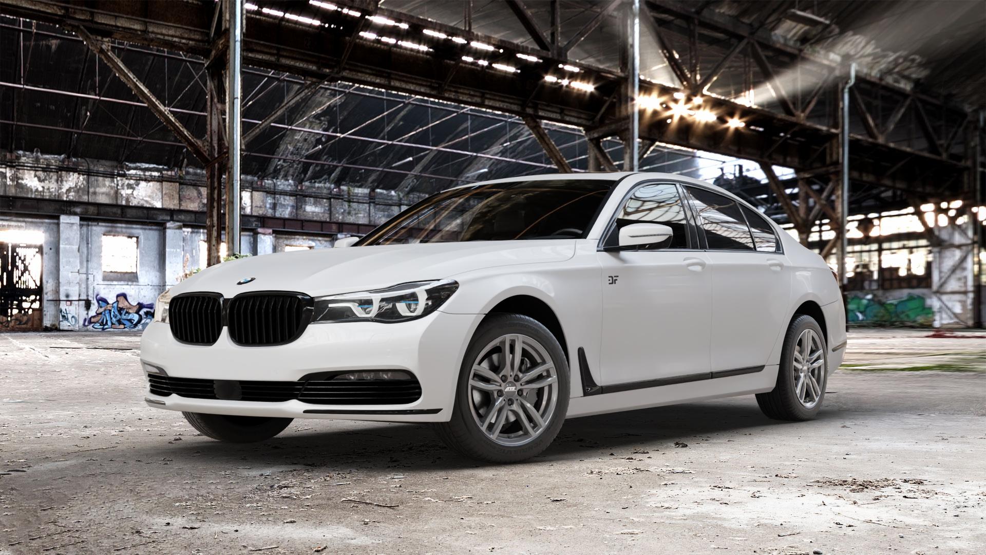 ATS Evolution dark-grey Felge mit Reifen grau in 18Zoll Winterfelge Alufelge auf weissem BMW 740i Typ G11 750i xDrive 730d 740d 740e 730i 750d 7er Limousine (7L) ⬇️ mit 15mm Tieferlegung ⬇️ Old Industrial Hall_max_5300mm_2024 Frontansicht_1