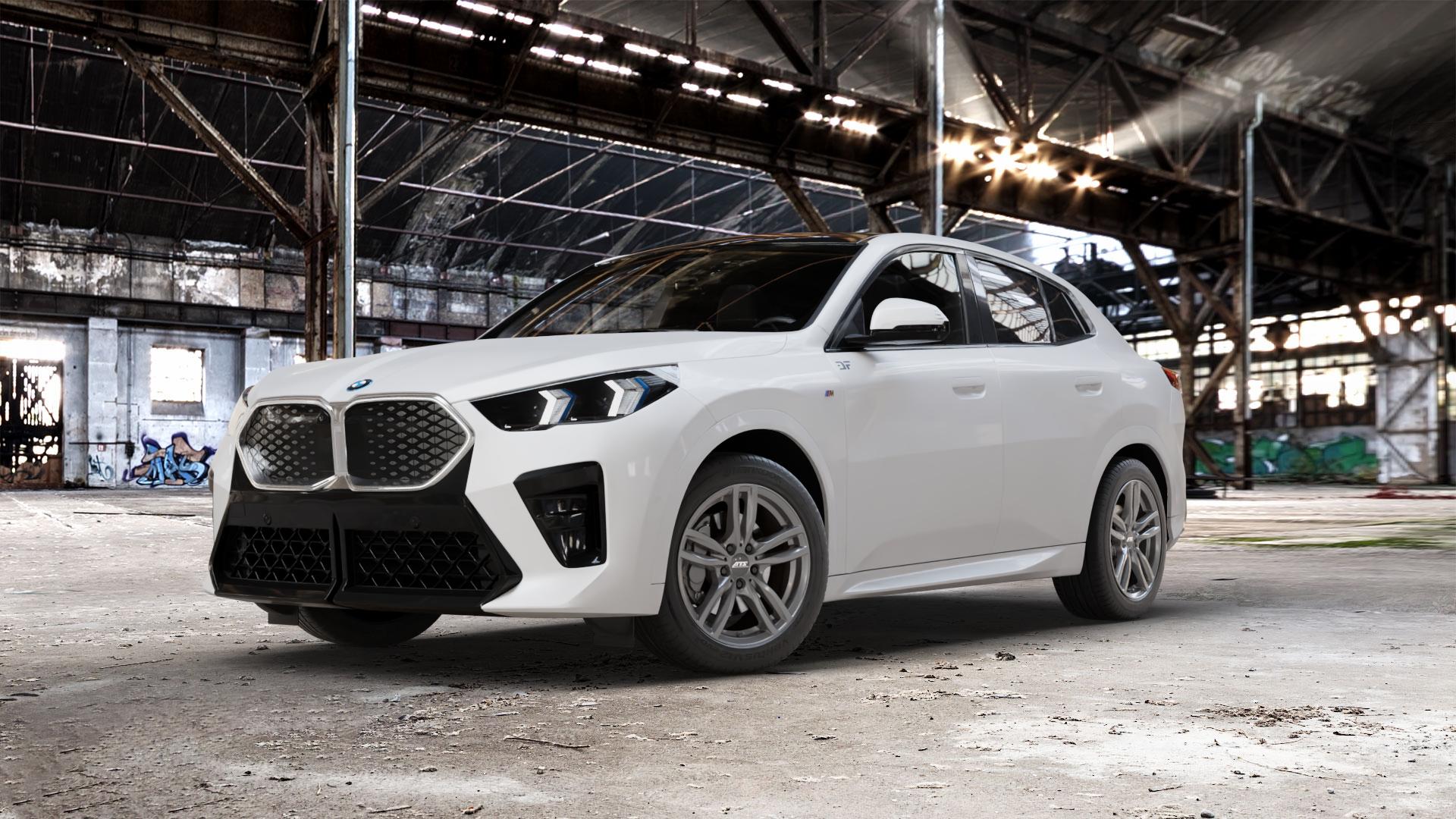 ATS Evolution dark-grey Felge mit Reifen grau in 18Zoll Winterfelge Alufelge auf weissem BMW iX2 Typ U10 (U2X) ⬇️ mit 15mm Tieferlegung ⬇️ Old Industrial Hall_max_5300mm_2024 Frontansicht_1