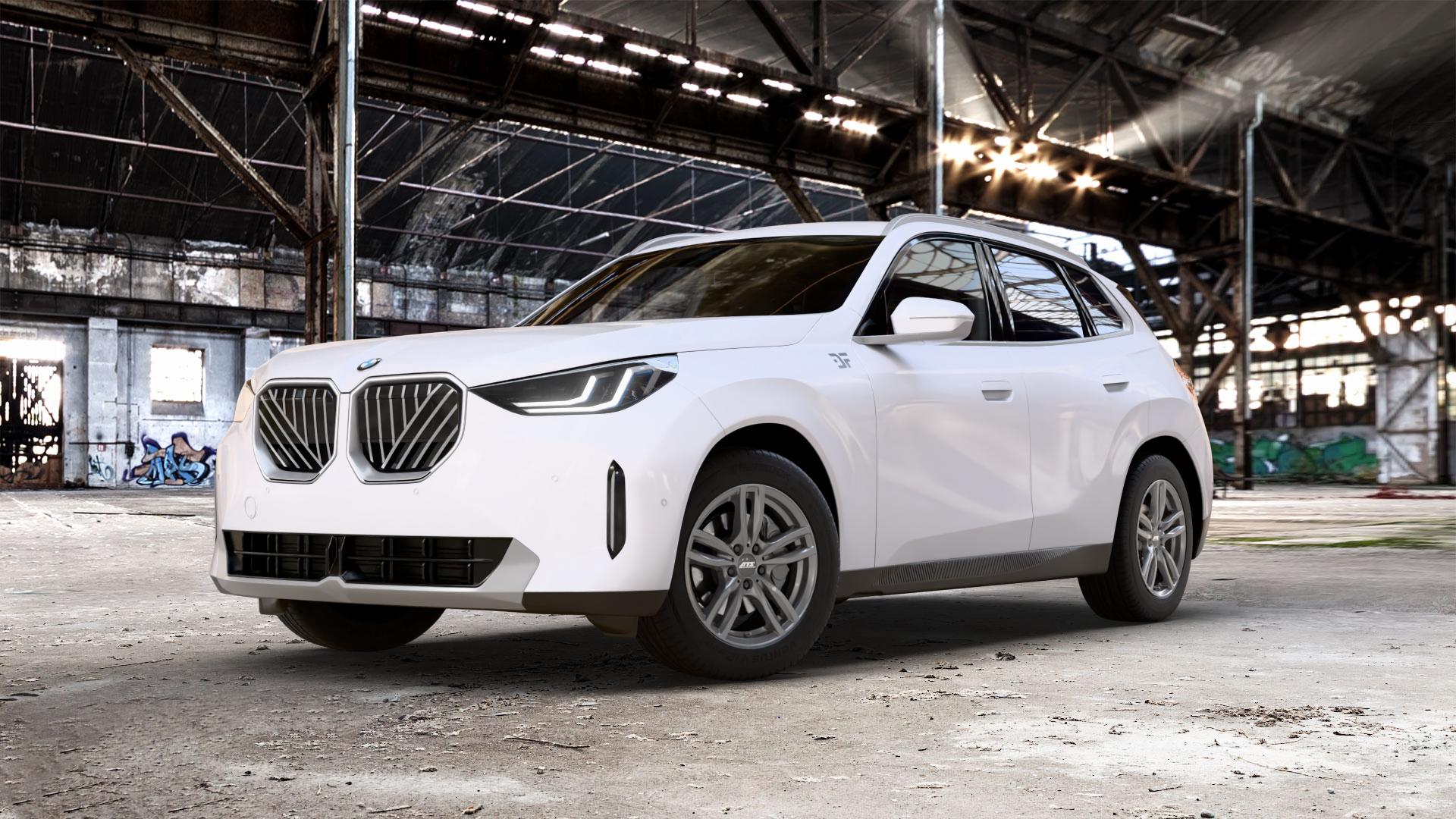 ATS Evolution dark-grey Felge mit Reifen grau in 18Zoll Winterfelge Alufelge auf weissem BMW X3 Typ G45 (G3XN) ⬇️ mit 15mm Tieferlegung ⬇️ Old Industrial Hall_max_5300mm_2024 Frontansicht_1