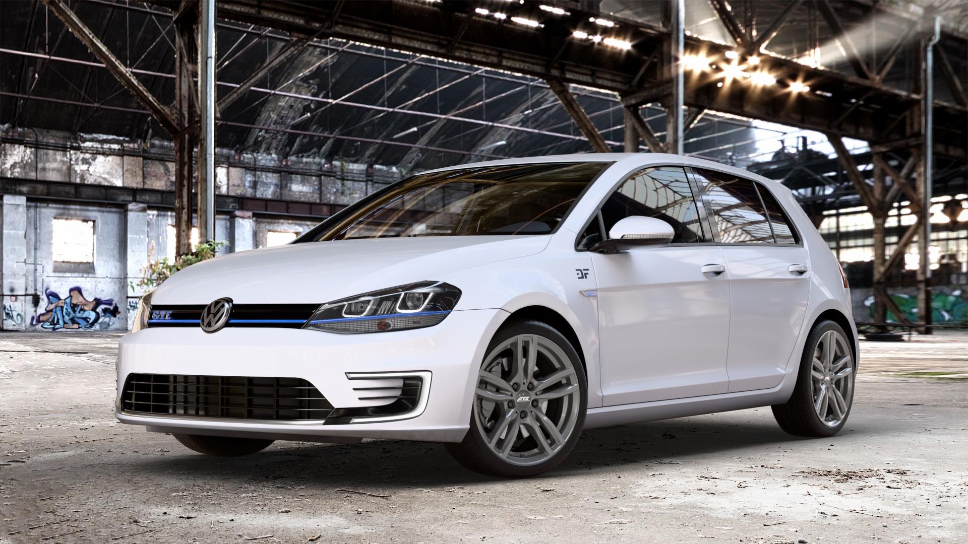 ATS Evolution dark-grey Felge mit Reifen grau in 18Zoll Winterfelge Alufelge auf weissem Volkswagen (VW) Golf 7 1,4l GTE Hybrid 110kW (150 PS) Facelift 0,0l e-Golf 100kW (136 ⬇️ mit 15mm Tieferlegung ⬇️ Old Industrial Hall_max_4400mm_2024 Frontansicht_1