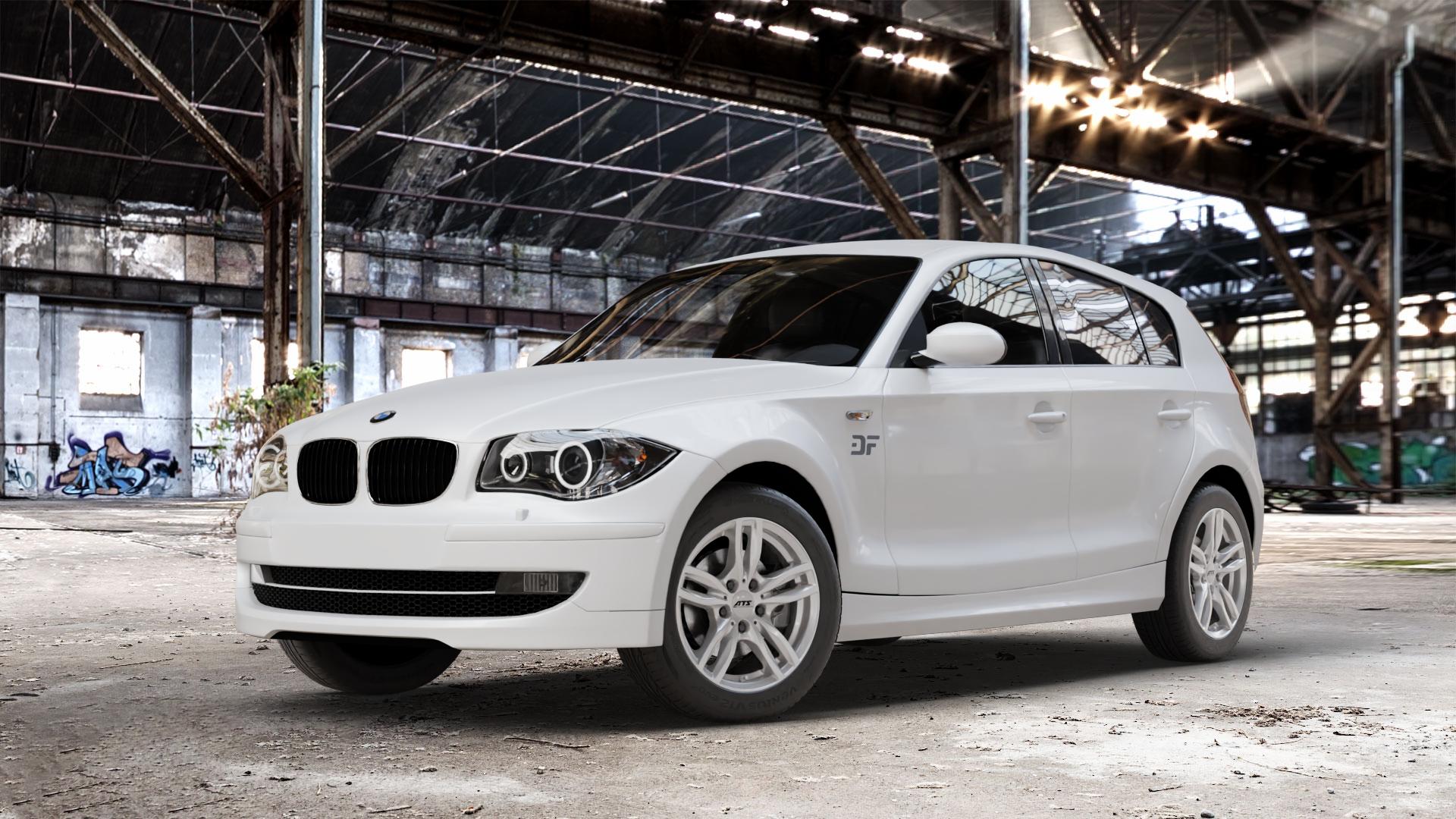 ATS Evolution polar-silber Felge mit Reifen in 16Zoll Winterfelge Alufelge auf weissem BMW 116i Typ E87 120i 118d 120d 130i 118i 123d 116d 1er Fünftürer (187, 1K4) ⬇️ mit 15mm Tieferlegung ⬇️ Old Industrial Hall_max_4400mm_2024 Frontansicht_1