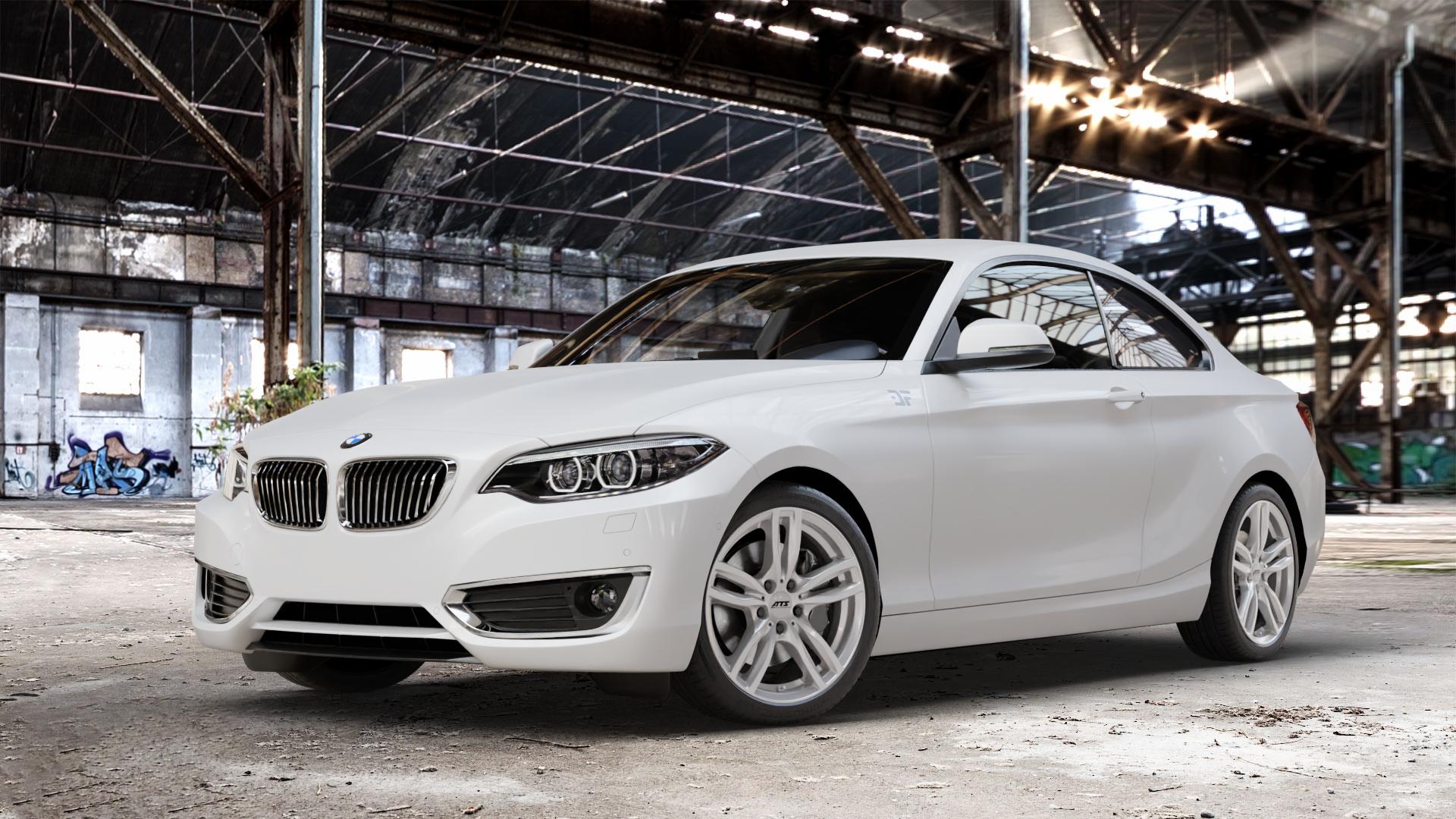 ATS Evolution polar-silber Felge mit Reifen in 18Zoll Winterfelge Alufelge auf weissem BMW 220d Typ F22 (Coupé) 220i 218d 225d 228i 218i xDrive 230i 2er Coupé (1C) ⬇️ mit 15mm Tieferlegung ⬇️ Old Industrial Hall_max_4400mm_2024 Frontansicht_1
