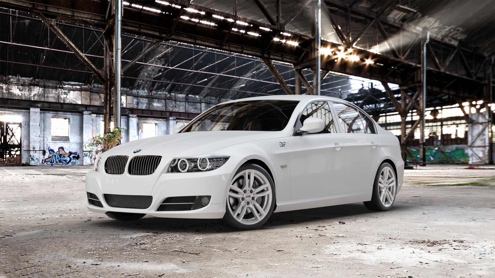 ATS Evolution polar-silber Felge mit Reifen in 18Zoll Winterfelge Alufelge auf weissem BMW 318i Typ E90 (Limousine) 320i 335i 335d 318d 320d 325i 330i 330d 316i 325xi 330xi 325d 330xd 320si M3 (M390) 320xd 316d 335xi 323i CRT 3er Limousine (390L, 3 ⬇️ mit 15mm Tieferlegung ⬇️ Old Industrial Hall_max_5300mm_2024 Frontansicht_1