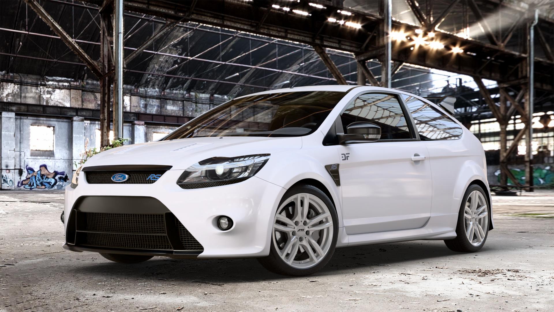 ATS Evolution polar-silber Felge mit Reifen in 18Zoll Winterfelge Alufelge auf weissem Ford Focus II Typ DA3 (Schrägheck) 2,5l RS 224kW (305 PS) RS500 257kW (349 ⬇️ mit 15mm Tieferlegung ⬇️ Old Industrial Hall_max_4400mm_2024 Frontansicht_1