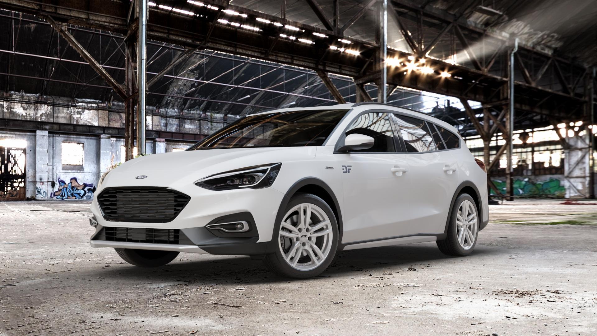 ATS Evolution polar-silber Felge mit Reifen in 18Zoll Winterfelge Alufelge auf weissem Ford Focus IV Active Typ DEH (Turnier) ⬇️ mit 15mm Tieferlegung ⬇️ Old Industrial Hall_max_5300mm_2024 Frontansicht_1