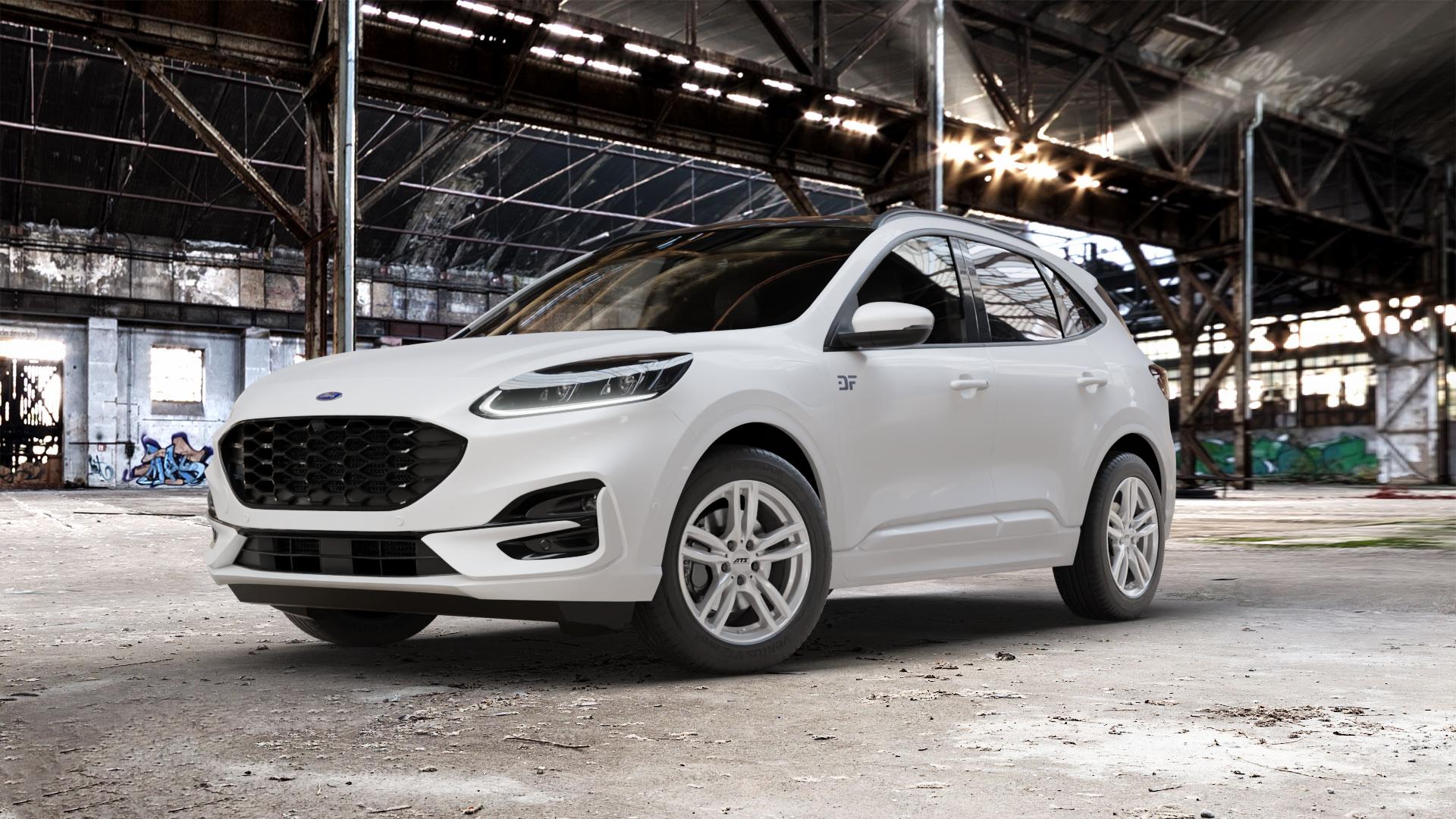 ATS Evolution polar-silber Felge mit Reifen in 18Zoll Winterfelge Alufelge auf weissem Ford Kuga III Typ DFK ⬇️ mit 15mm Tieferlegung ⬇️ Old Industrial Hall_max_5300mm_2024 Frontansicht_1