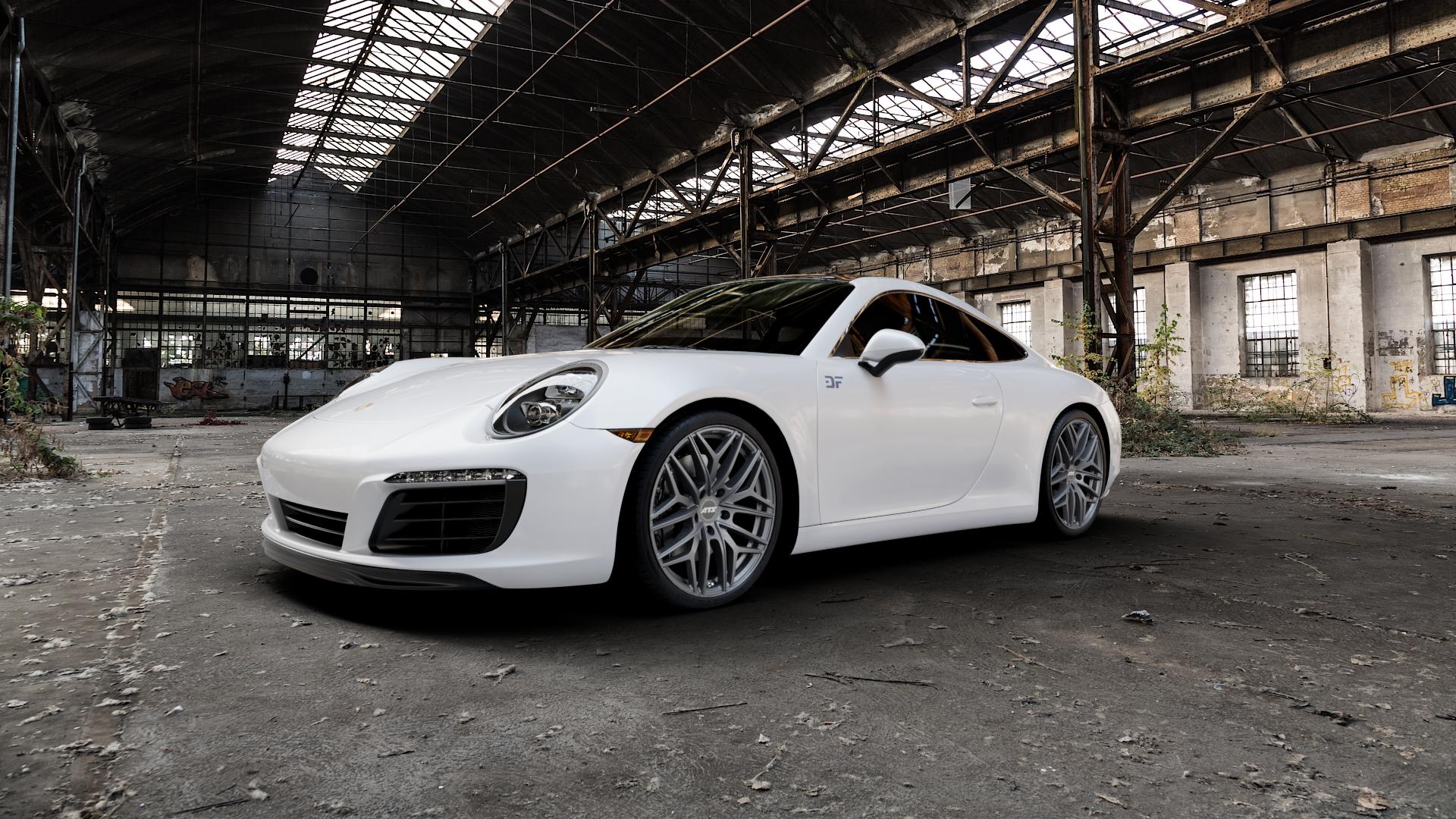ATS Passion dark-grey Felge mit Reifen grau in 20Zoll Winterfelge Alufelge auf weissem Porsche 911 Typ 991 Cabriolet Facelift ⬇️ mit 15mm Tieferlegung ⬇️ Industrial Hall_Alt Frontansicht_1