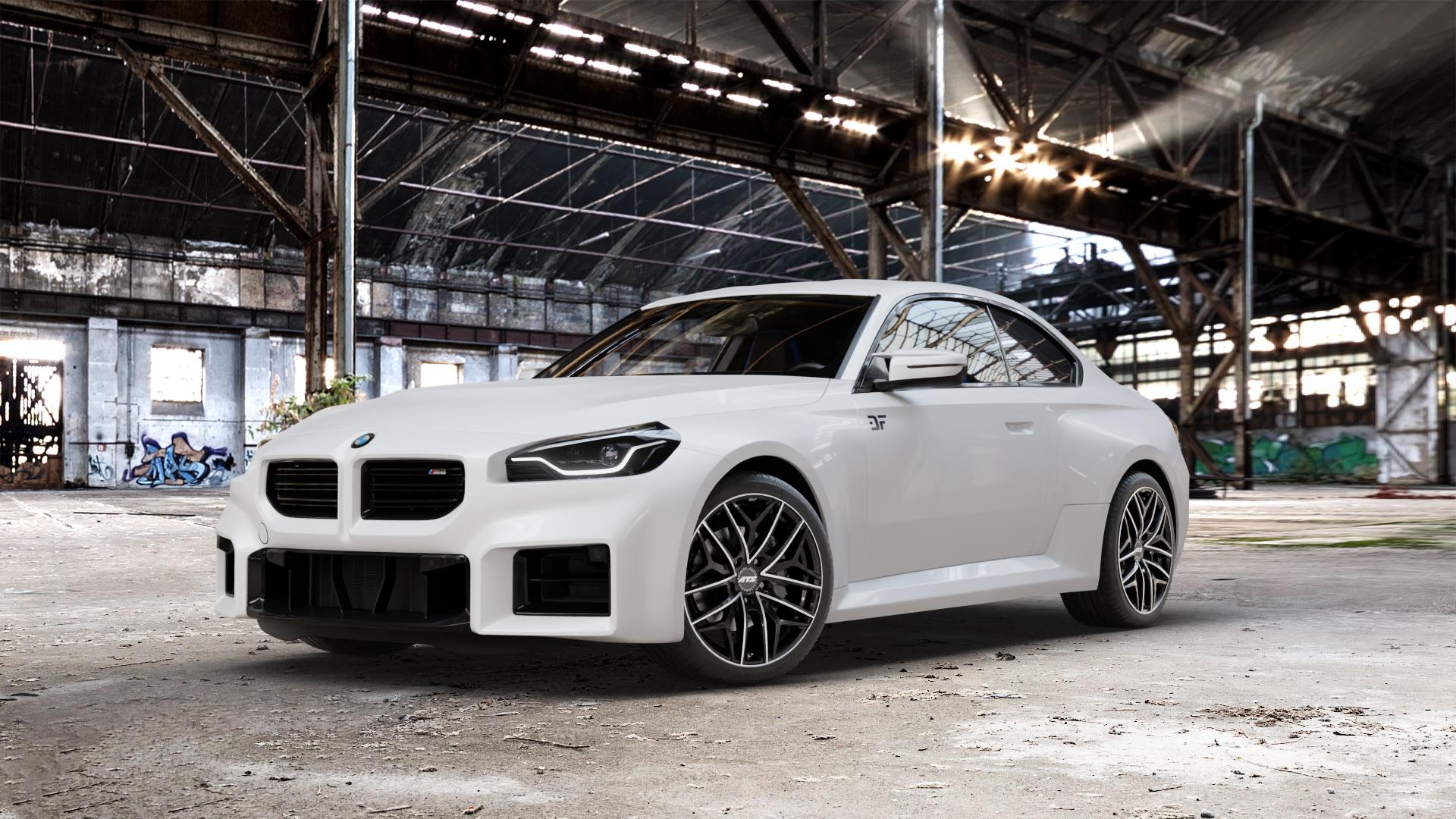 ATS Passion diamant-schwarz frontpoliert Felge mit Reifen silber in 19Zoll Winterfelge Alufelge auf weissem BMW M2 Typ G87 ⬇️ mit 15mm Tieferlegung ⬇️ Old Industrial Hall_max_5300mm_2024 Frontansicht_1