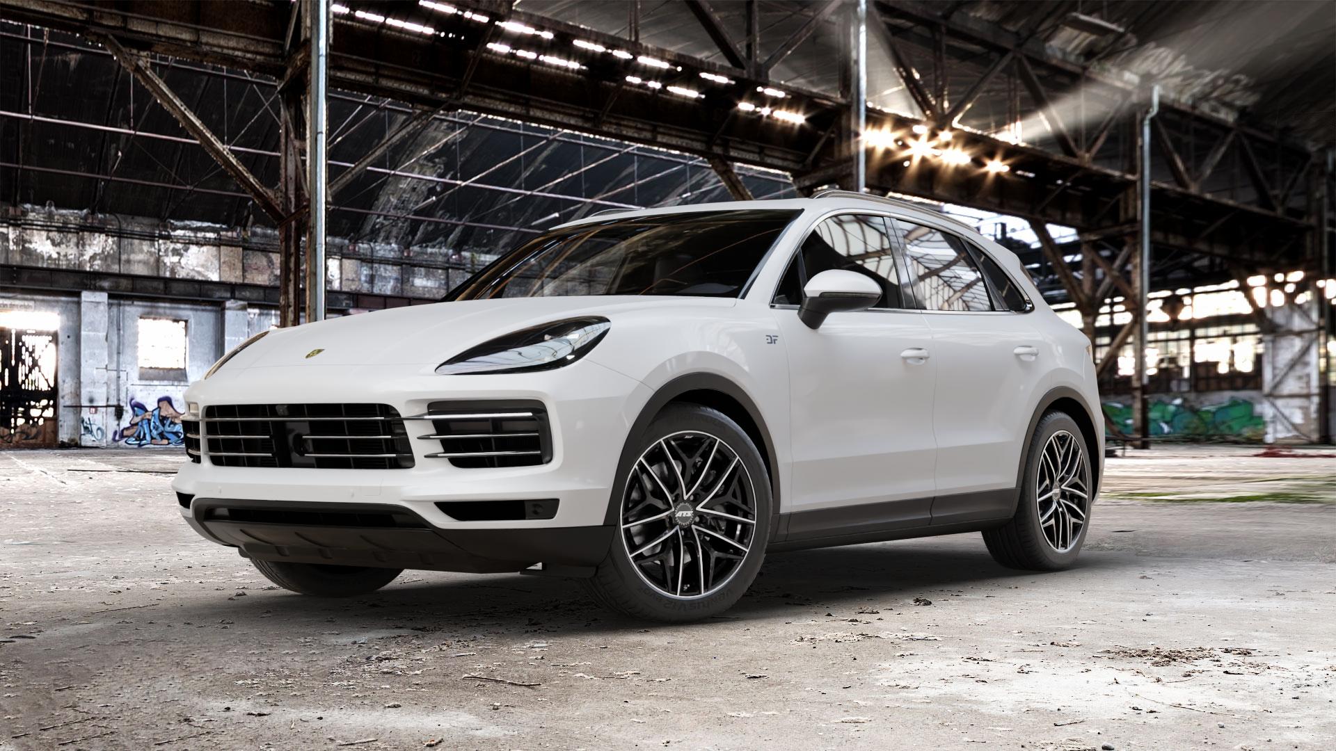 ATS Passion diamant-schwarz frontpoliert Felge mit Reifen silber in 20Zoll Winterfelge Alufelge auf weissem Porsche Cayenne III Typ 9YA ⬇️ mit 15mm Tieferlegung ⬇️ Old Industrial Hall_max_5300mm_2024 Frontansicht_1