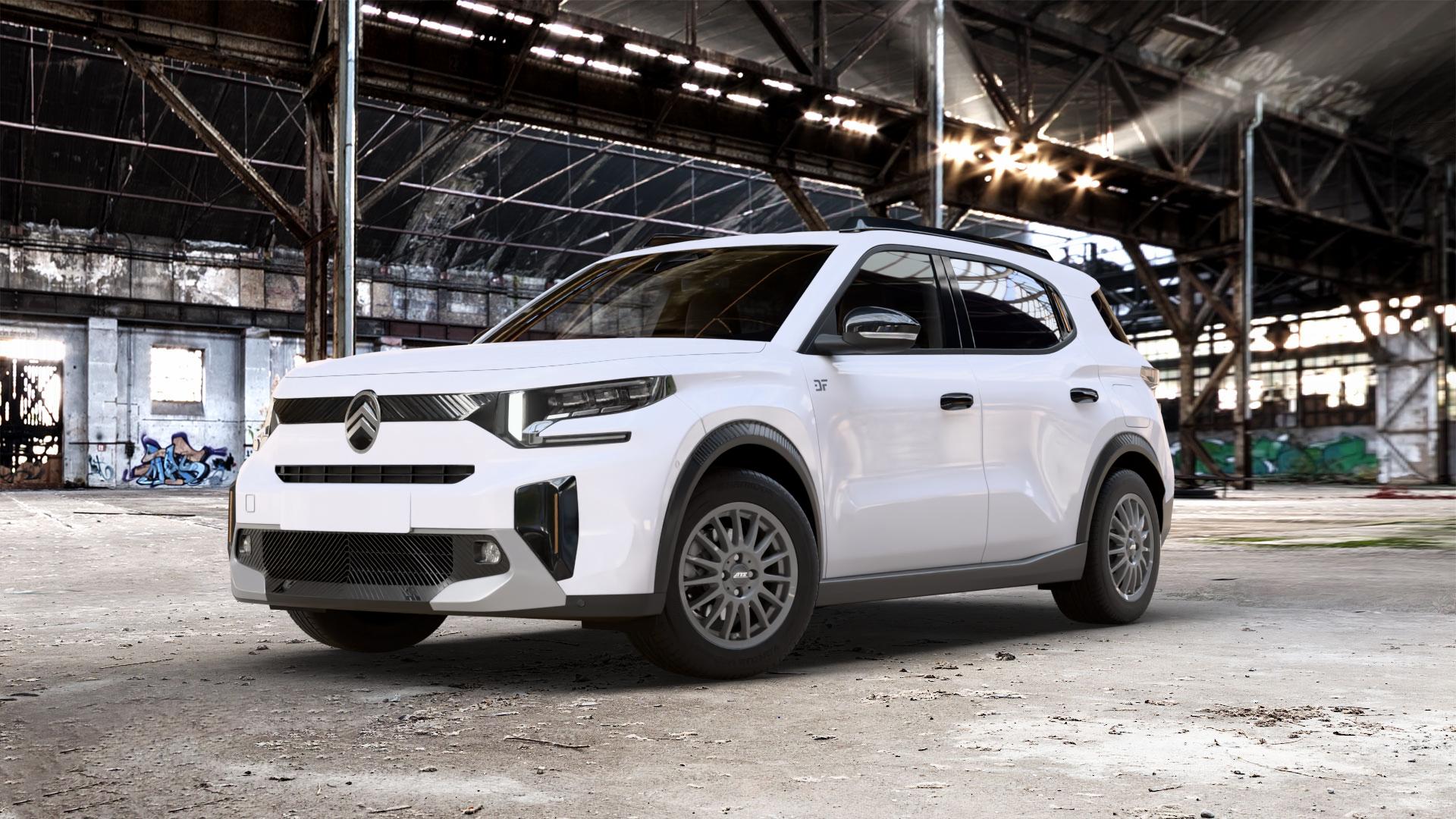 ATS Streetrallye dark-grey Felge mit Reifen grau in 16Zoll Winterfelge Alufelge auf weissem Citroen C3 Aircross Typ C 1,2l PureTech 100 74kW (101 PS) Hybrid 136 100kW (136 0,0l Elektro 53kW E-C3 (72 ⬇️ mit 15mm Tieferlegung ⬇️ Old Industrial Hall_max_5300mm_2024 Frontansicht_1