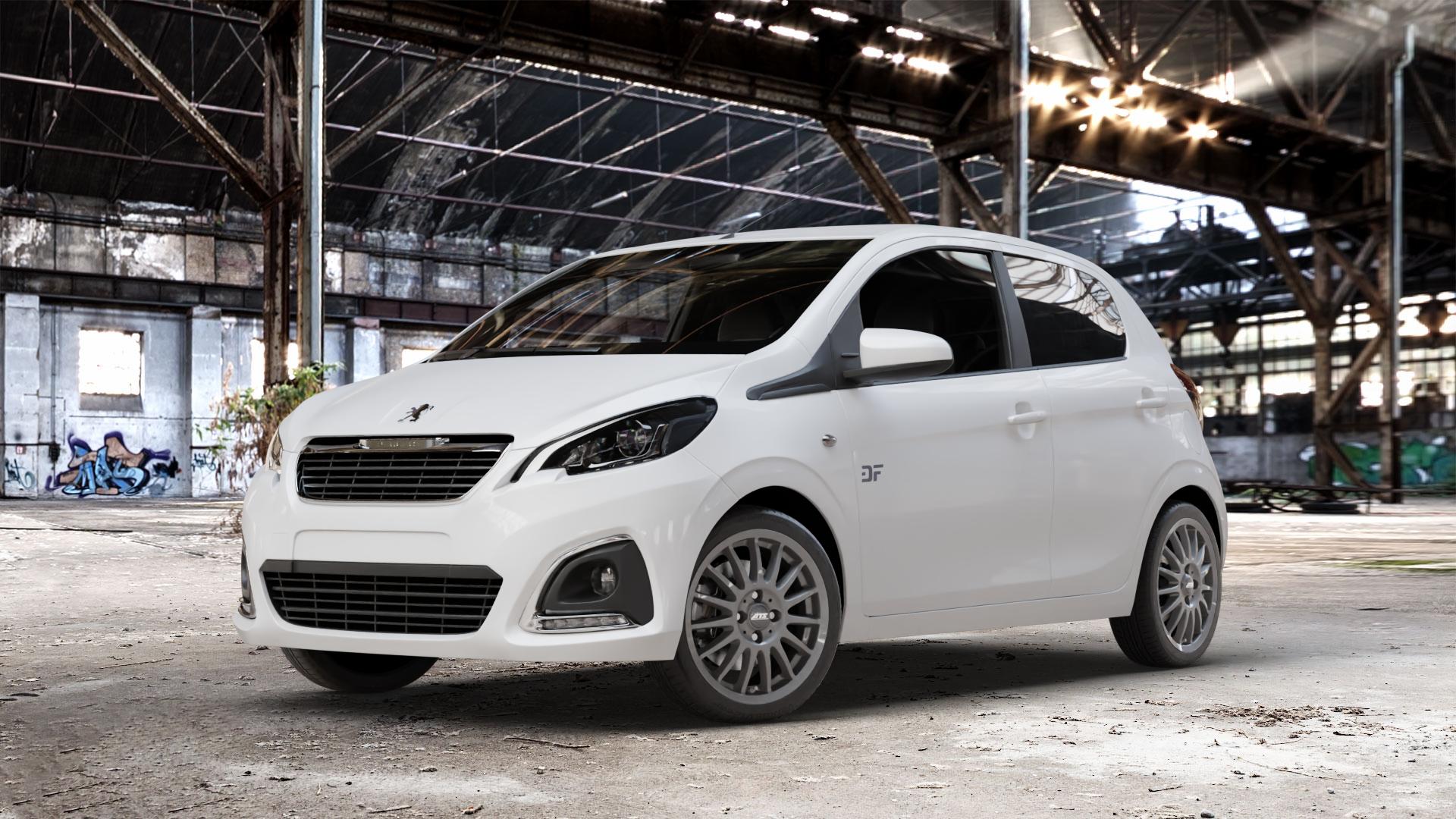 ATS Streetrallye dark-grey Felge mit Reifen grau in 16Zoll Winterfelge Alufelge auf weissem Peugeot 108 ⬇️ mit 15mm Tieferlegung ⬇️ Old Industrial Hall_max_4400mm_2024 Frontansicht_1