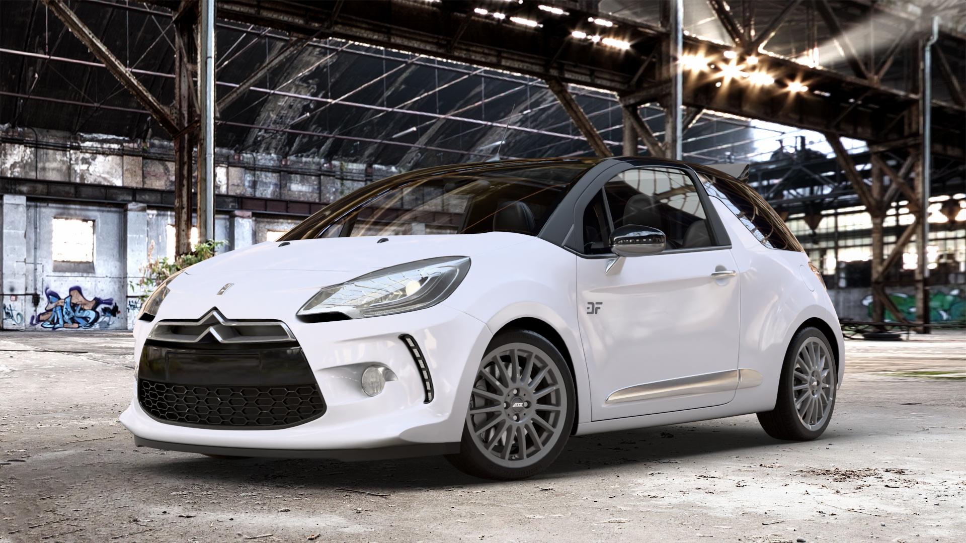 ATS Streetrallye dark-grey Felge mit Reifen grau in 17Zoll Winterfelge Alufelge auf weissem Citroen DS3 Cabrio Facelift ⬇️ mit 15mm Tieferlegung ⬇️ Old Industrial Hall_max_4400mm_2024 Frontansicht_1