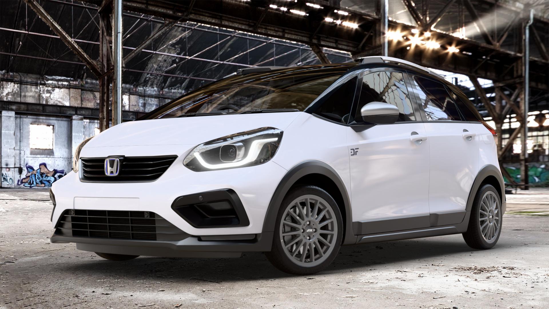 ATS Streetrallye dark-grey Felge mit Reifen grau in 17Zoll Winterfelge Alufelge auf weissem Honda Jazz V Crosstar (GR) Facelift ⬇️ mit 15mm Tieferlegung ⬇️ Old Industrial Hall_max_4400mm_2024 Frontansicht_1