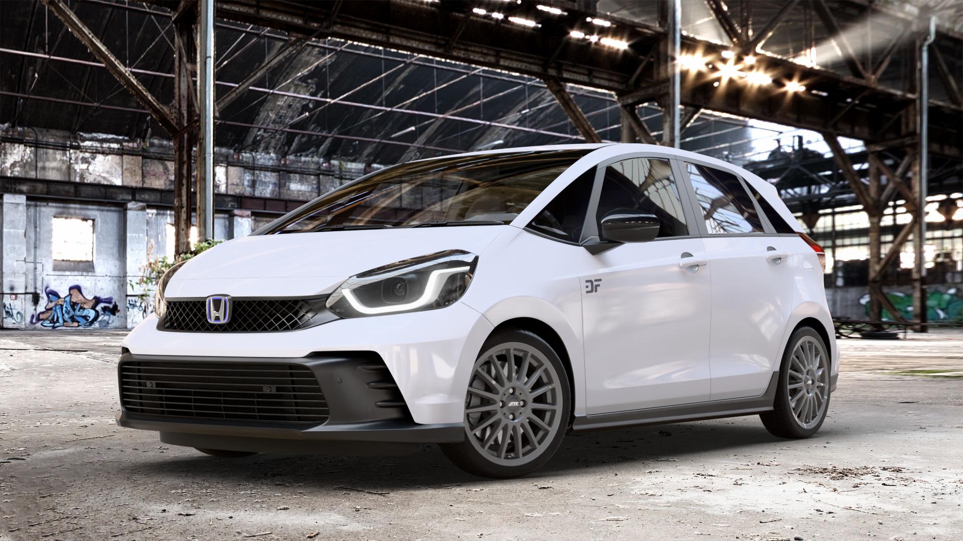 ATS Streetrallye dark-grey Felge mit Reifen grau in 17Zoll Winterfelge Alufelge auf weissem Honda Jazz V (GR) Facelift 1,5l e:HEV 79kW Mild-Hybrid (107 PS) ⬇️ mit 15mm Tieferlegung ⬇️ Old Industrial Hall_max_4400mm_2024 Frontansicht_1