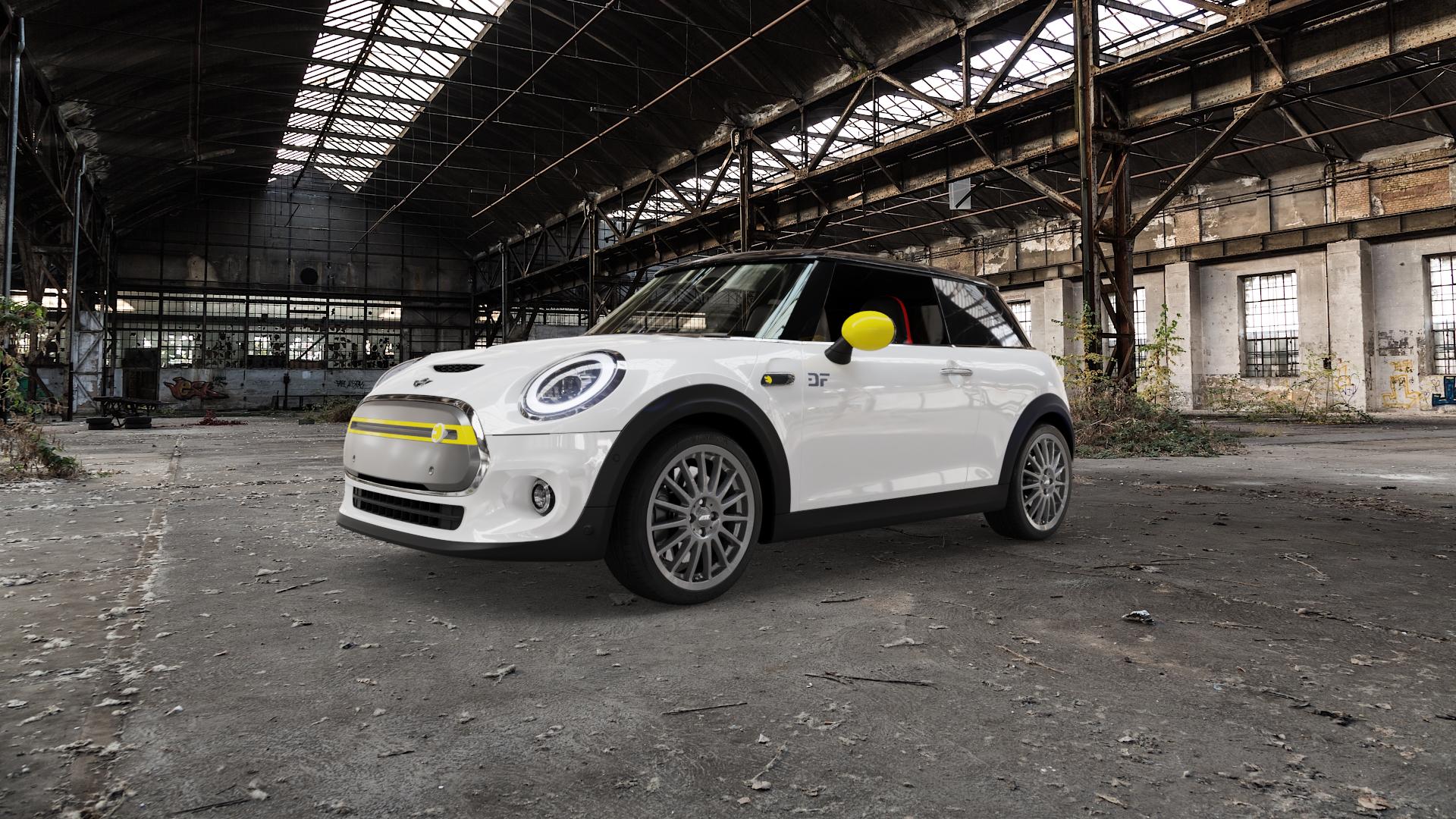ATS Streetrallye dark-grey Felge mit Reifen grau in 17Zoll Winterfelge Alufelge auf weissem Mini F56 Typ FML2E (3-Türer Limousine) 0,0l Cooper SE 75kW (102 PS) ⬇️ mit 15mm Tieferlegung ⬇️ Old Industrial Hall_max5000mm_2022 Frontansicht_1