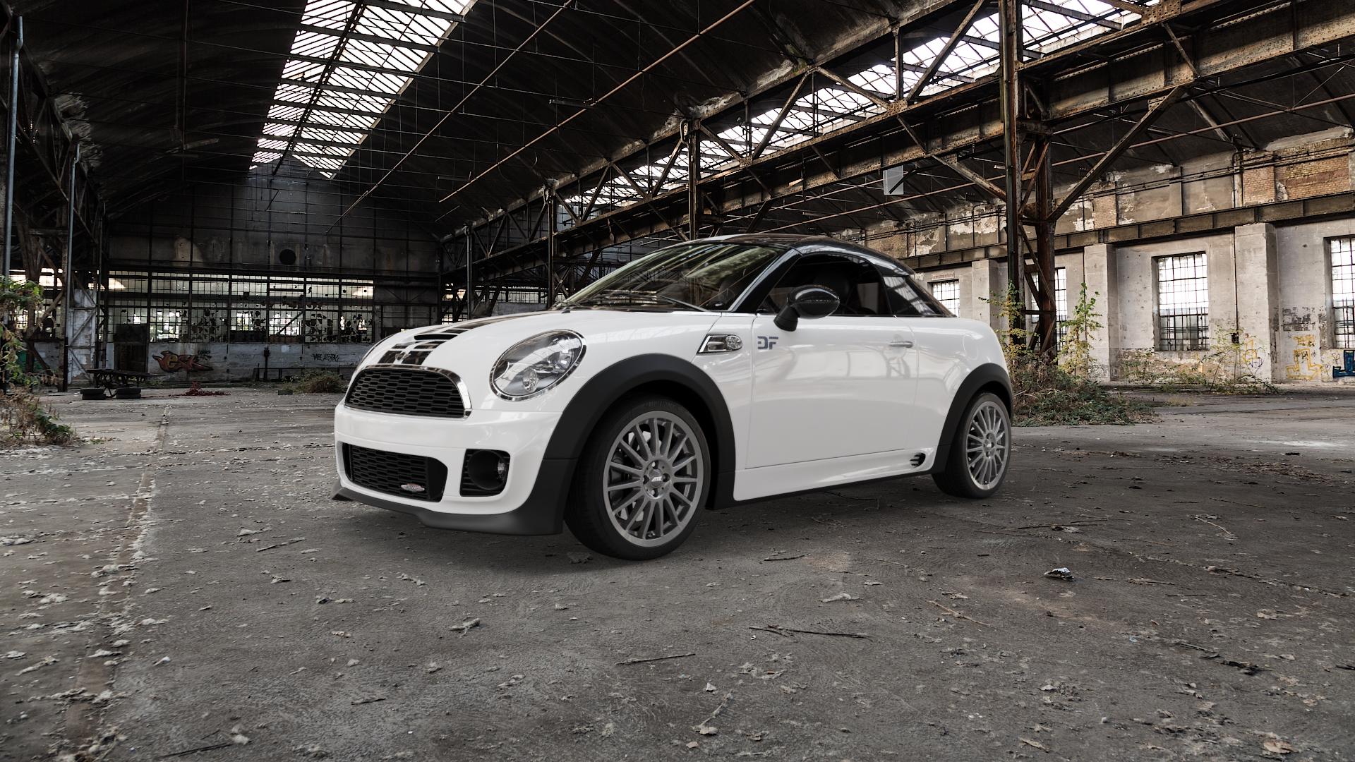 ATS Streetrallye dark-grey Felge mit Reifen grau in 17Zoll Winterfelge Alufelge auf weissem Mini R58 Typ UKL-C (Coupe) 1,6l Cooper 90kW (122 PS) S 135kW (184 2,0l SD 105kW (143 JCW 155kW (211 ⬇️ mit 15mm Tieferlegung ⬇️ Old Industrial Hall_max5000mm_2022 Frontansicht_1