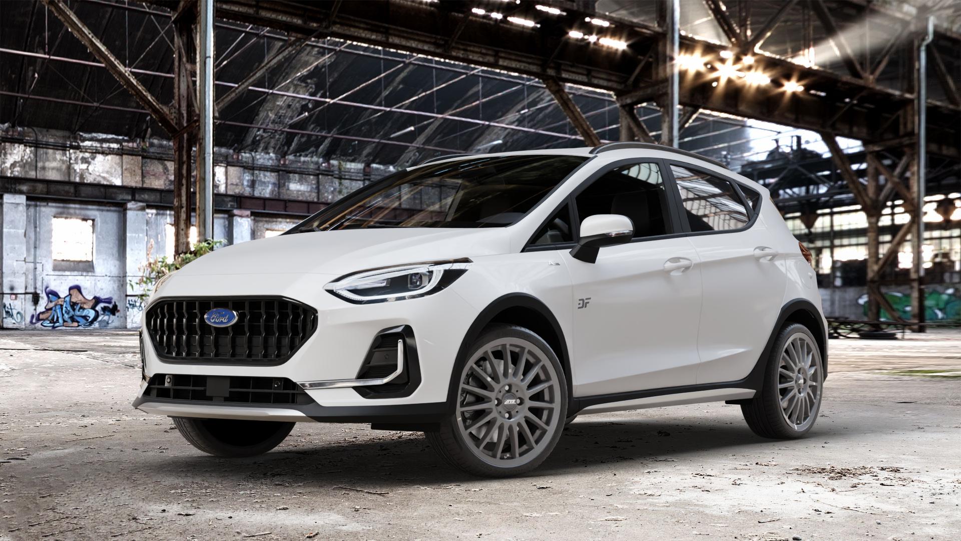 ATS Streetrallye dark-grey Felge mit Reifen grau in 18Zoll Winterfelge Alufelge auf weissem Ford Fiesta VII Typ JHH Active Facelift ⬇️ mit 15mm Tieferlegung ⬇️ Old Industrial Hall_max_4400mm_2024 Frontansicht_1