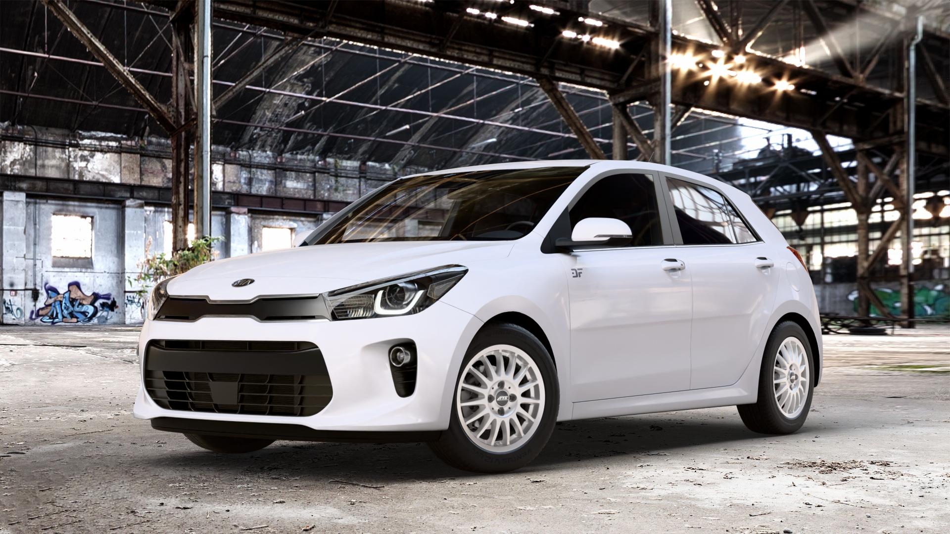 ATS Streetrallye polar-silber Felge mit Reifen in 15Zoll Winterfelge Alufelge auf weissem Kia Rio IV Typ YB Facelift ⬇️ mit 15mm Tieferlegung ⬇️ Old Industrial Hall_max_4400mm_2024 Frontansicht_1