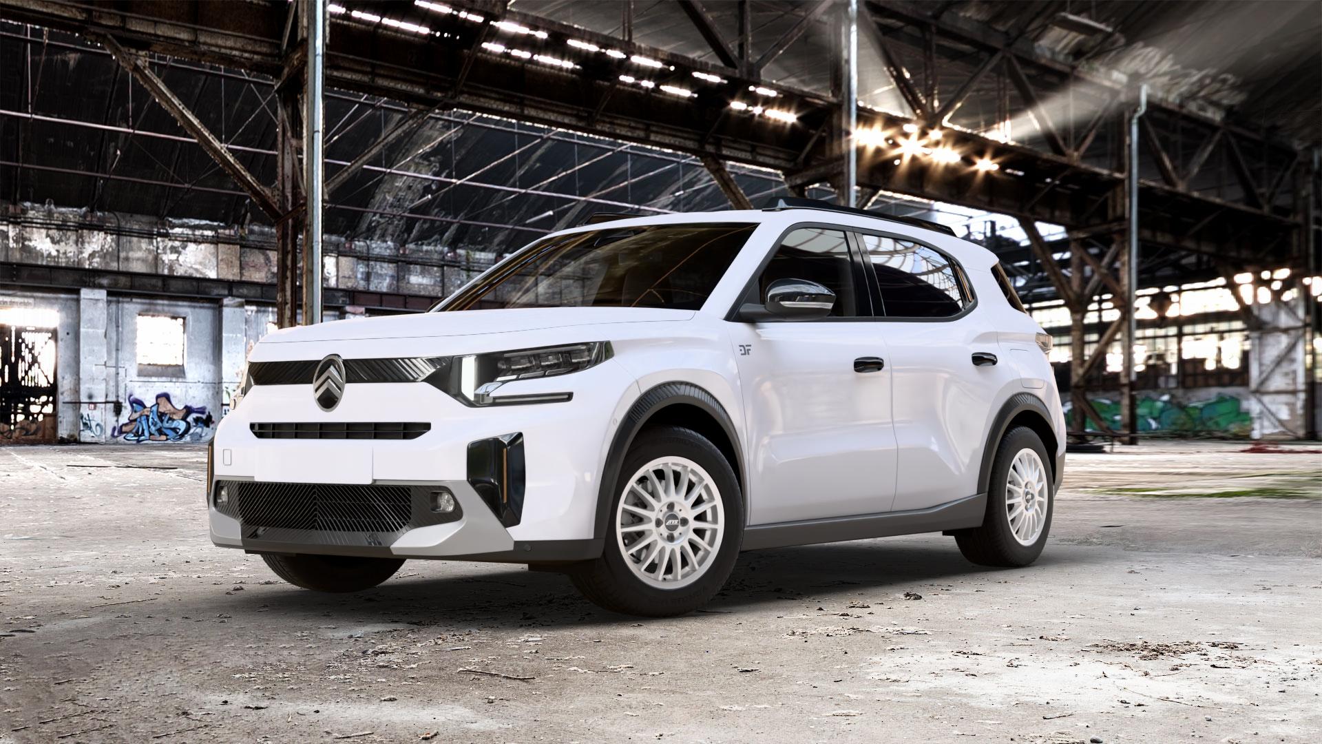 ATS Streetrallye polar-silber Felge mit Reifen in 16Zoll Winterfelge Alufelge auf weissem Citroen C3 Aircross Typ C 1,2l PureTech 100 74kW (101 PS) Hybrid 136 100kW (136 0,0l Elektro 53kW E-C3 (72 ⬇️ mit 15mm Tieferlegung ⬇️ Old Industrial Hall_max_5300mm_2024 Frontansicht_1