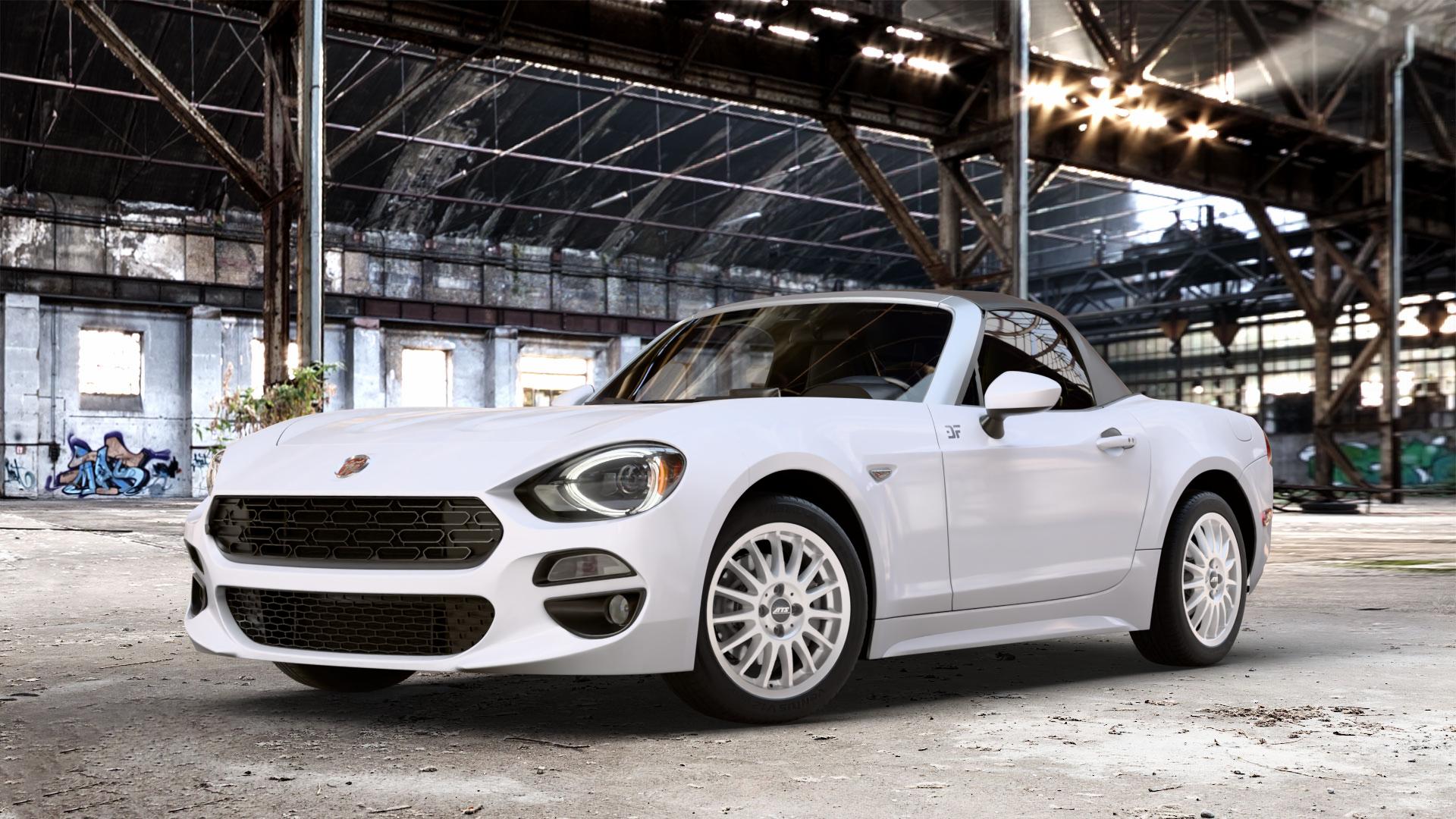 ATS Streetrallye polar-silber Felge mit Reifen in 16Zoll Winterfelge Alufelge auf weissem Fiat 124 Spider Typ NF ⬇️ mit 15mm Tieferlegung ⬇️ Old Industrial Hall_max_4400mm_2024 Frontansicht_1