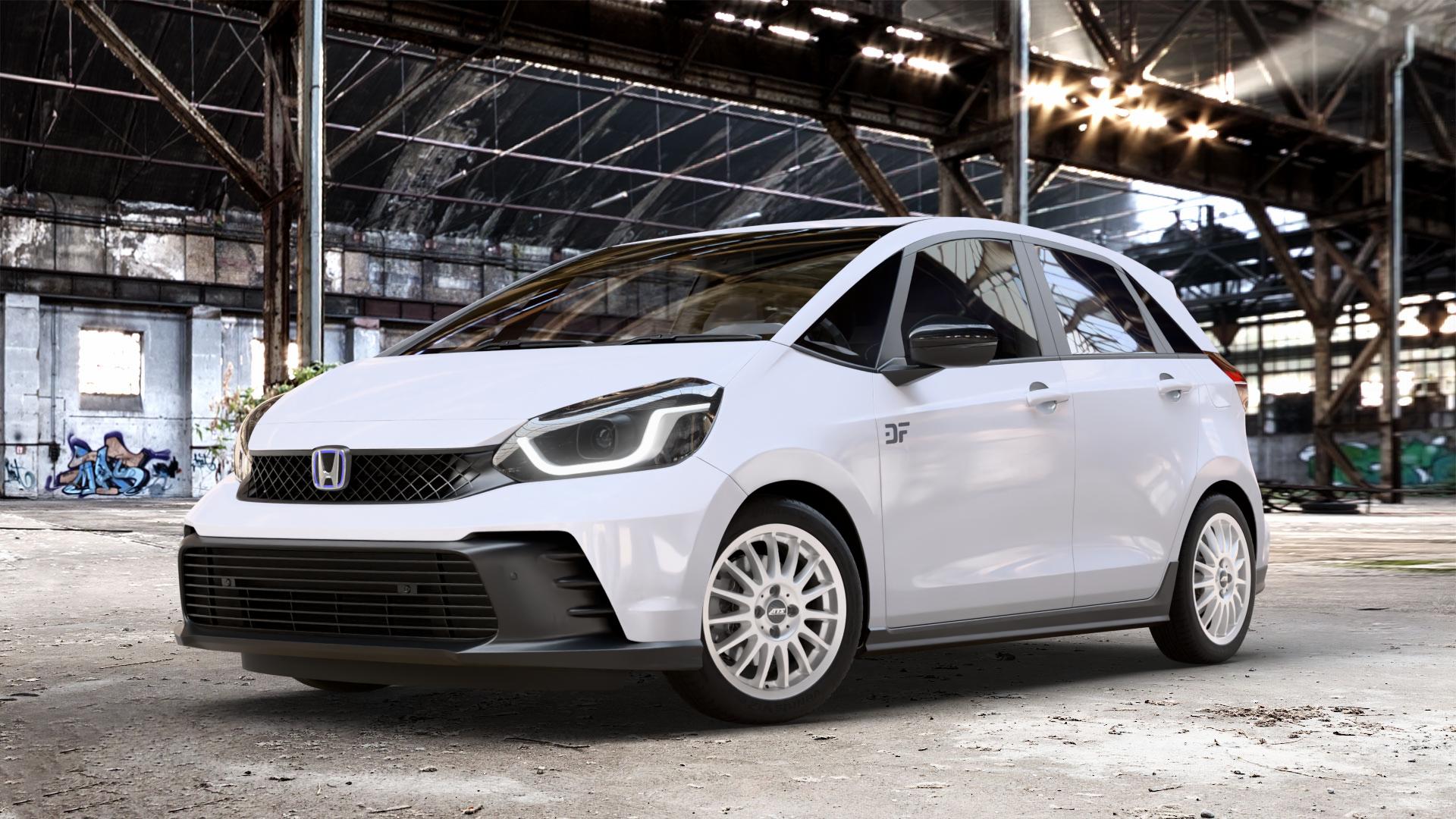 ATS Streetrallye polar-silber Felge mit Reifen in 16Zoll Winterfelge Alufelge auf weissem Honda Jazz V (GR) Facelift 1,5l e:HEV 79kW Mild-Hybrid (107 PS) ⬇️ mit 15mm Tieferlegung ⬇️ Old Industrial Hall_max_4400mm_2024 Frontansicht_1