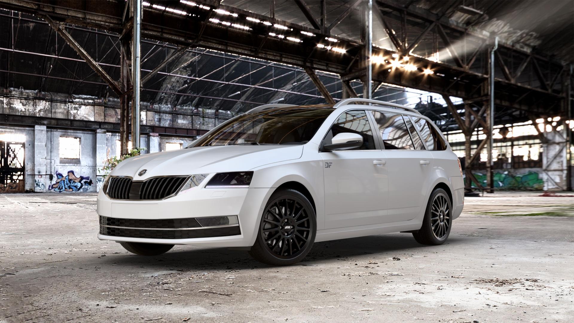 ATS Streetrallye racing-schwarz Felge mit Reifen in 18Zoll Winterfelge Alufelge auf weissem Skoda Octavia III Kombi Typ 5E Facelift ⬇️ mit 15mm Tieferlegung ⬇️ Old Industrial Hall_max_5300mm_2024 Frontansicht_1