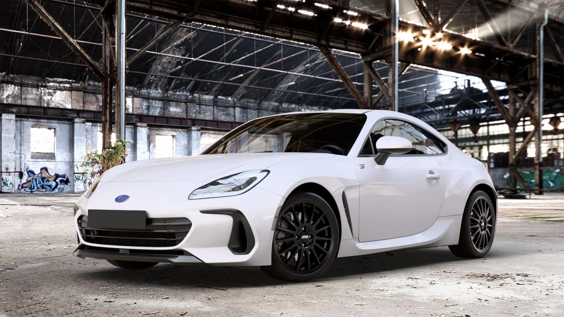 ATS Streetrallye racing-schwarz Felge mit Reifen in 18Zoll Winterfelge Alufelge auf weissem Subaru BRZ Typ Z2 2,4l 172kW (234 PS) ⬇️ mit 15mm Tieferlegung ⬇️ Old Industrial Hall_max_4400mm_2024 Frontansicht_1