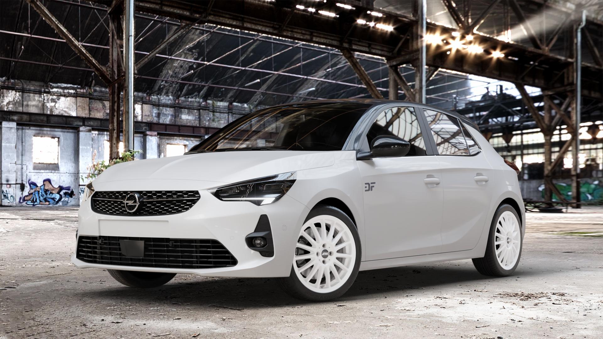 ATS Streetrallye rallye-weiss Felge mit Reifen weiß in 17Zoll Winterfelge Alufelge auf weissem Opel Corsa F Typ U ⬇️ mit 15mm Tieferlegung ⬇️ Old Industrial Hall_max_4400mm_2024 Frontansicht_1