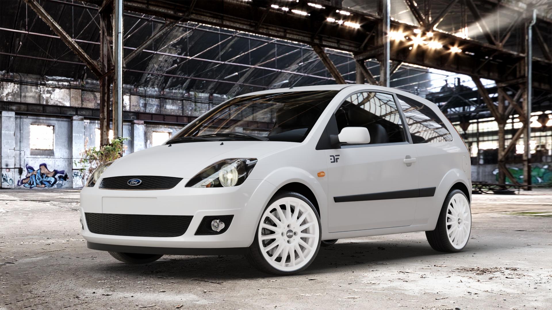 ATS Streetrallye rallye-weiss Felge mit Reifen weiß in 18Zoll Winterfelge Alufelge auf weissem Ford Fiesta V Typ JH1/JD3 ⬇️ mit 15mm Tieferlegung ⬇️ Old Industrial Hall_max_4400mm_2024 Frontansicht_1
