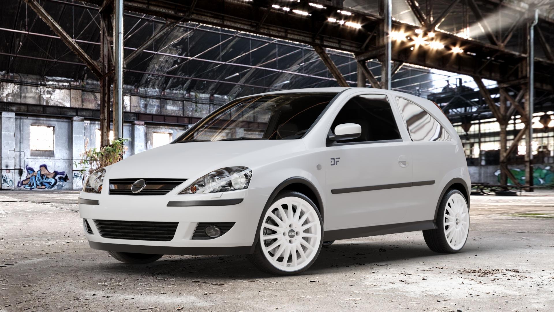 ATS Streetrallye rallye-weiss Felge mit Reifen weiß in 18Zoll Winterfelge Alufelge auf weissem Opel Corsa C Typ CORSA-C ⬇️ mit 15mm Tieferlegung ⬇️ Old Industrial Hall_max_4400mm_2024 Frontansicht_1