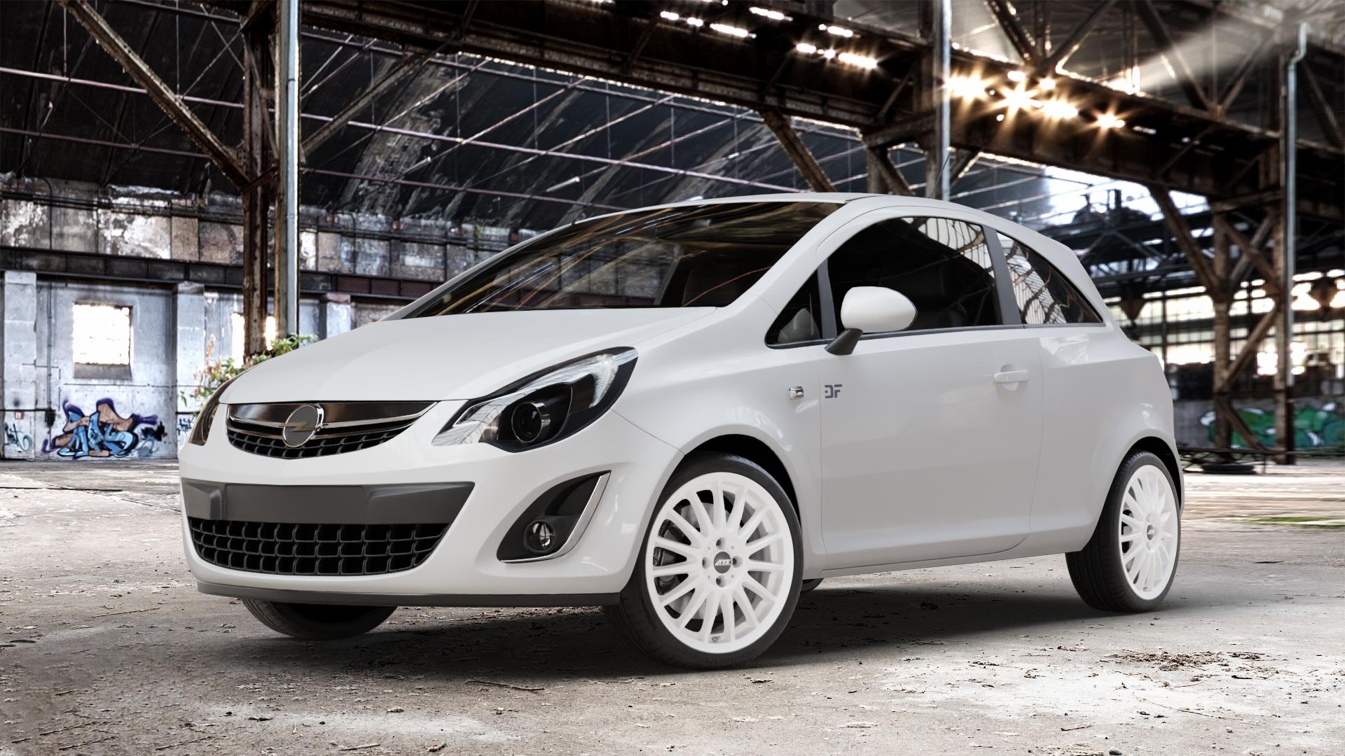 ATS Streetrallye rallye-weiss Felge mit Reifen weiß in 18Zoll Winterfelge Alufelge auf weissem Opel Corsa D Typ S-D Facelift ⬇️ mit 15mm Tieferlegung ⬇️ Old Industrial Hall_max_4400mm_2024 Frontansicht_1