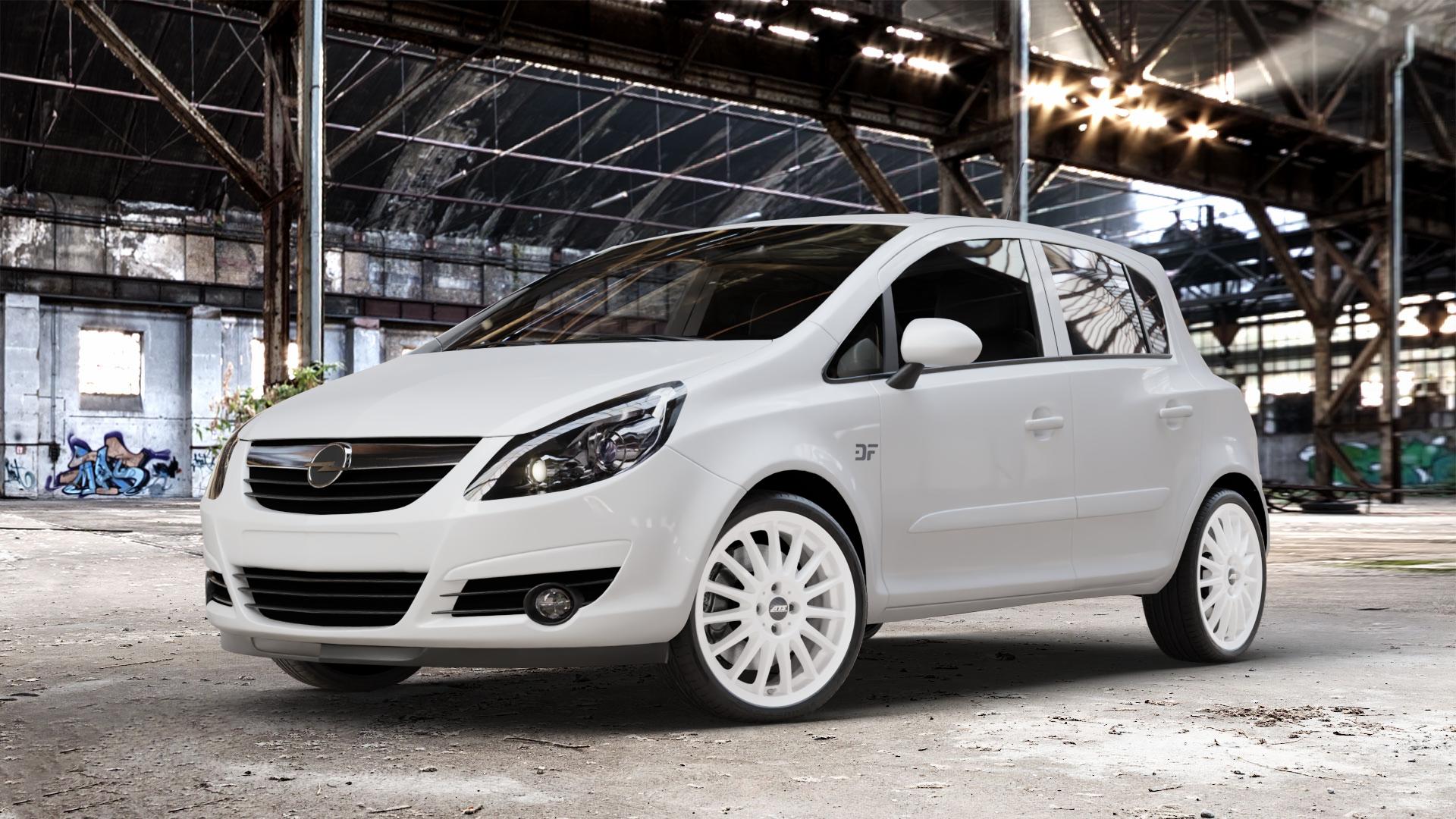 ATS Streetrallye rallye-weiss Felge mit Reifen weiß in 18Zoll Winterfelge Alufelge auf weissem Opel Corsa D Typ S-D ⬇️ mit 15mm Tieferlegung ⬇️ Old Industrial Hall_max_4400mm_2024 Frontansicht_1