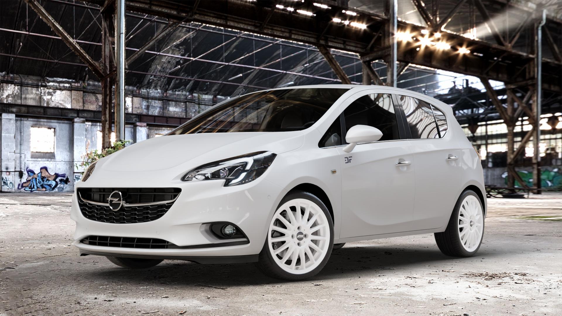ATS Streetrallye rallye-weiss Felge mit Reifen weiß in 18Zoll Winterfelge Alufelge auf weissem Opel Corsa E Typ S-D ⬇️ mit 15mm Tieferlegung ⬇️ Old Industrial Hall_max_4400mm_2024 Frontansicht_1