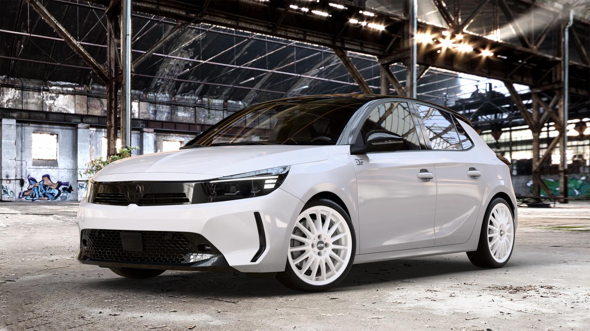 ATS Streetrallye rallye-weiss Felge mit Reifen weiß in 18Zoll Winterfelge Alufelge auf weissem Opel Corsa F Typ U Facelift 0,0l 57kW Corsa-e (77 PS) 62kW (84 1,2l Turbo 74kW Mild-Hybrid (101 100kW (136 ⬇️ mit 15mm Tieferlegung ⬇️ Old Industrial Hall_max_4400mm_2024 Frontansicht_1