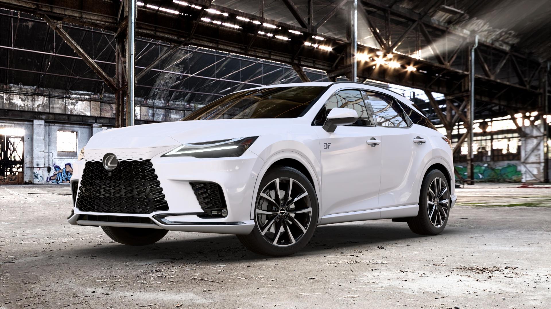 AUTEC Astana Schwarz poliert Felge mit Reifen in 20Zoll Winterfelge Alufelge auf weissem Lexus RX V Typ AL3(M) 2,5l 140kW RX350H AWD (190 PS) 136kW RX450H+ (185 2,4l 200kW RX500H (272 AL3(M)-TGRE ⬇️ mit 15mm Tieferlegung ⬇️ Old Industrial Hall_max_5300mm_2024 Frontansicht_1