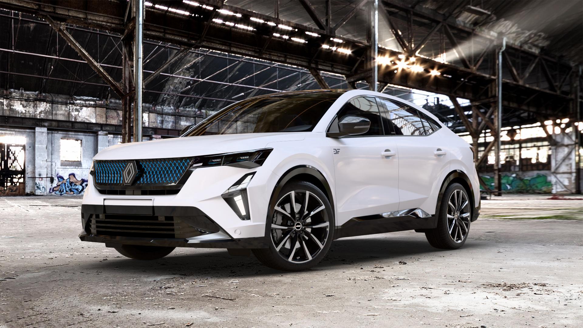 AUTEC Astana Schwarz poliert Felge mit Reifen in 20Zoll Winterfelge Alufelge auf weissem Renault Rafale Typ RHN 1,2l E-Tech 96kW Mild-Hybrid (131 PS) 4x4 110kW Hybrid (150 ⬇️ mit 15mm Tieferlegung ⬇️ Old Industrial Hall_max_5300mm_2024 Frontansicht_1