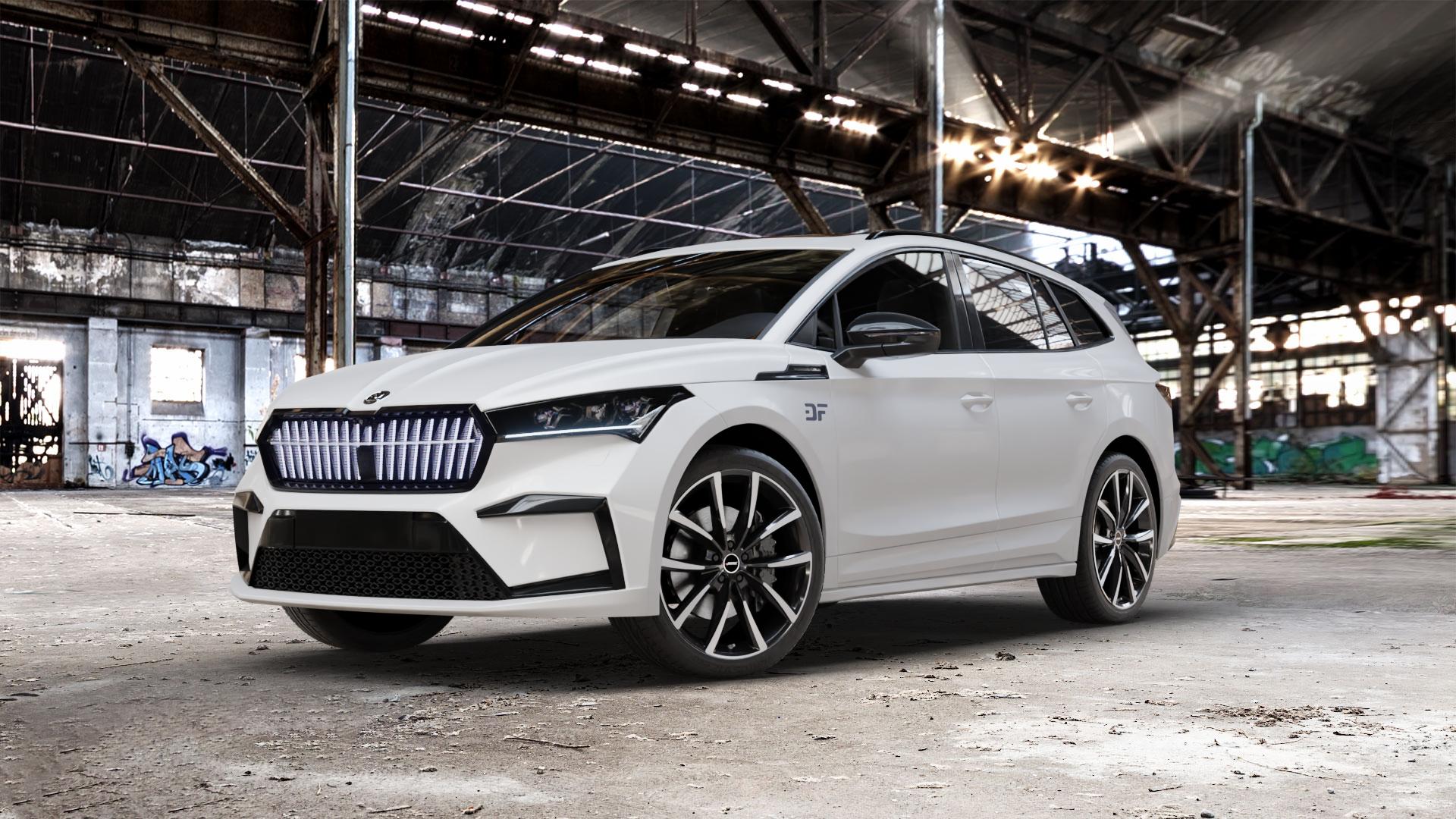 AUTEC Astana Schwarz poliert Felge mit Reifen in 21Zoll Winterfelge Alufelge auf weissem Skoda Enyaq iV Typ NY 0,0l 70kW 80 (95 PS) 50 77kW 80x (105 60 ⬇️ mit 15mm Tieferlegung ⬇️ Old Industrial Hall_max_5300mm_2024 Frontansicht_1
