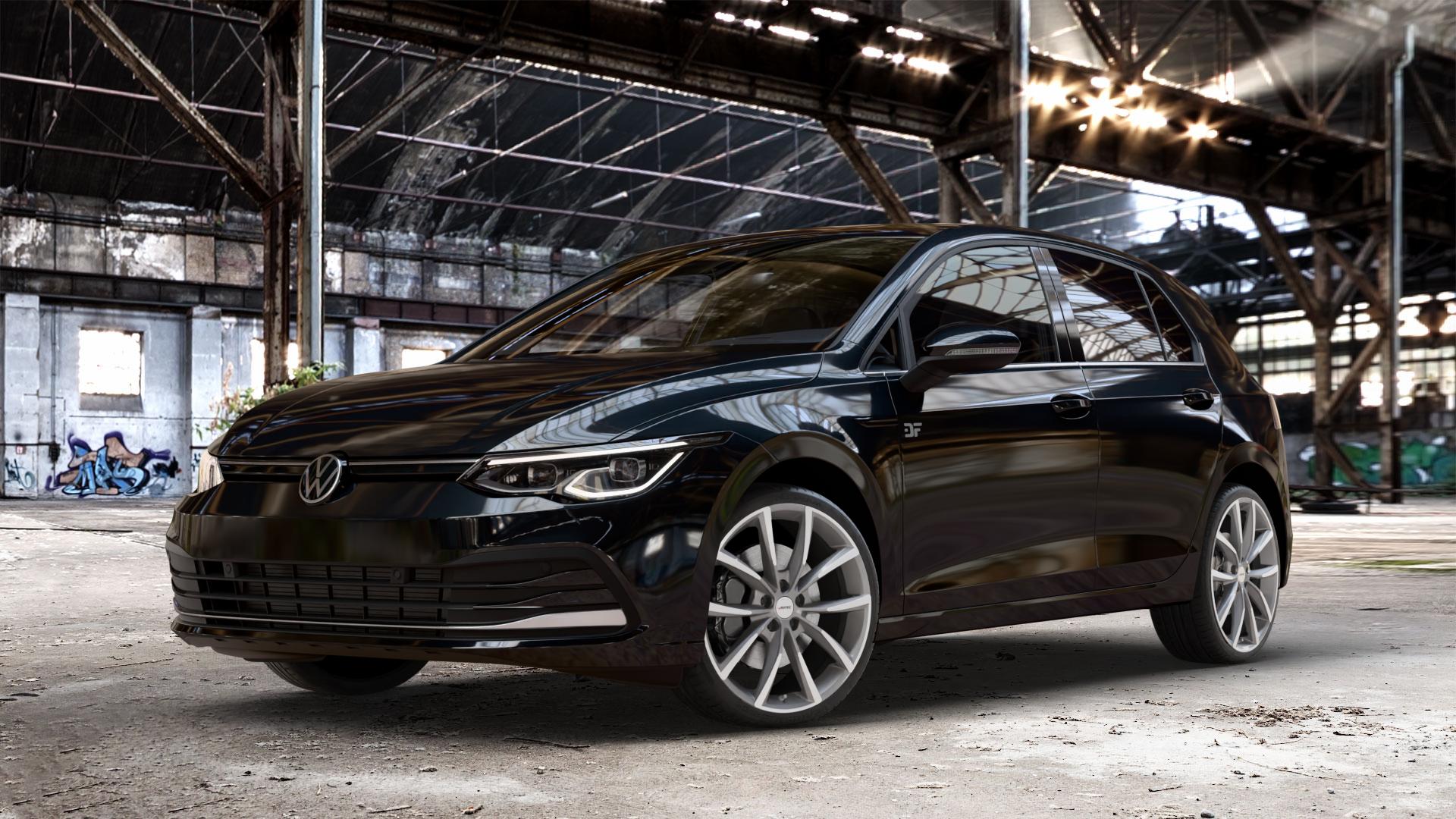 AUTEC Astana Titansilber poliert Felge mit Reifen grau anthrazit in 19Zoll Winterfelge Alufelge auf metallic schwarzem Volkswagen (VW) Golf 8 1,5l TSI 96kW (131 PS) 110kW (150 2,0l TDI 85kW (116 Mild-Hybrid 1,0l 81kW (110 66kW (90 1,4l Hybrid TGI 4Motion 140kW (190 ⬇️ mit 15mm Tieferlegung ⬇️ Old Industrial Hall_max_4400mm_2024 Frontansicht_1