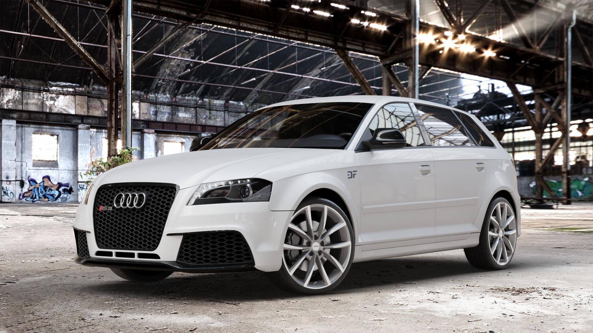 AUTEC Astana Titansilber poliert Felge mit Reifen grau anthrazit in 19Zoll Winterfelge Alufelge auf weissem Audi A3 Typ 8P (Sportback) 2,5l RS3 quattro 250kW (340 PS) ⬇️ mit 15mm Tieferlegung ⬇️ Old Industrial Hall_max_4400mm_2024 Frontansicht_1