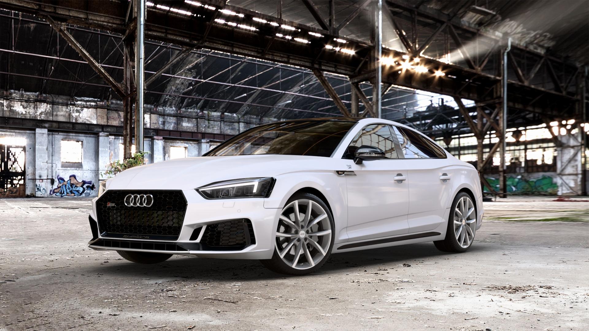 AUTEC Astana Titansilber poliert Felge mit Reifen grau anthrazit in 19Zoll Winterfelge Alufelge auf weissem Audi A5 Typ B9 (Sportback) 3,0l S5 TFSI quattro 260kW (354 PS) 2,9l RS5 331kW (450 TDI 255kW Mild-Hybrid (347 ⬇️ mit 15mm Tieferlegung ⬇️ Old Industrial Hall_max_5300mm_2024 Frontansicht_1