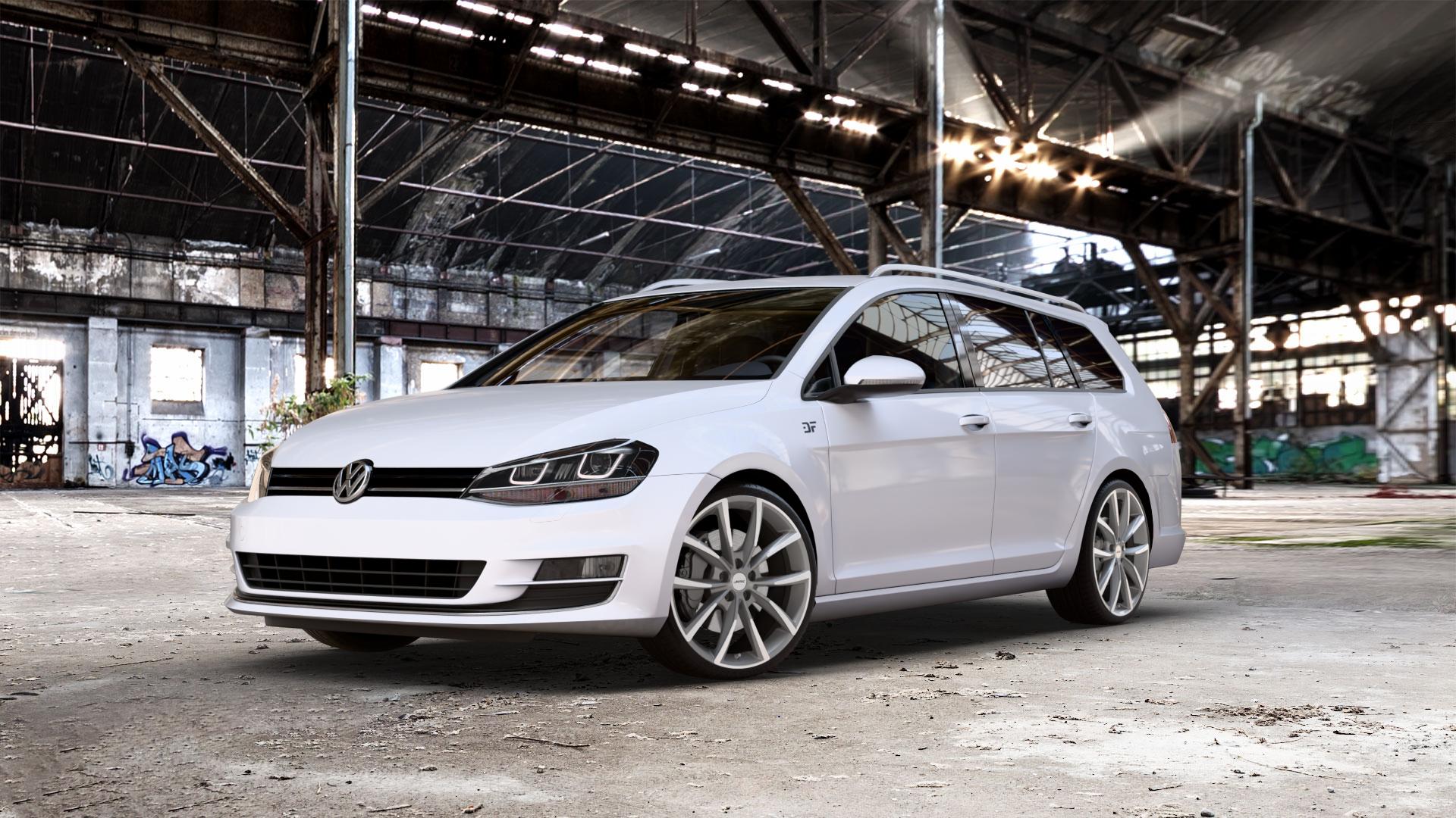 AUTEC Astana Titansilber poliert Felge mit Reifen grau anthrazit in 19Zoll Winterfelge Alufelge auf weissem Volkswagen (VW) Golf 7 Variant ⬇️ mit 15mm Tieferlegung ⬇️ Old Industrial Hall_max_5300mm_2024 Frontansicht_1