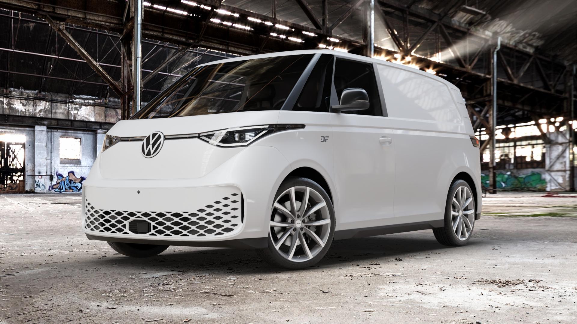 AUTEC Astana Titansilber poliert Felge mit Reifen grau anthrazit in 21Zoll Winterfelge Alufelge auf weissem Volkswagen (VW) ID. Buzz Cargo kurzer Radstand langer ⬇️ mit 15mm Tieferlegung ⬇️ Old Industrial Hall_max_5300mm_2024 Frontansicht_1