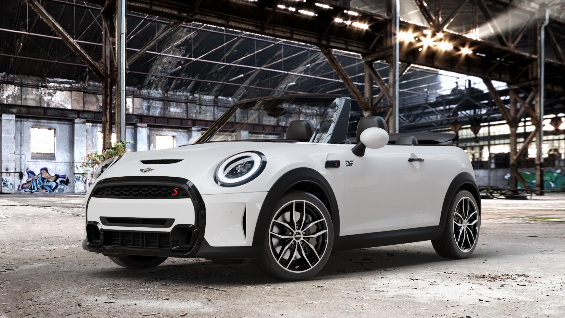 AUTEC Bavaris Schwarz poliert Felge mit Reifen in 17Zoll Winterfelge Alufelge auf weissem Mini F57 Typ FMCA (Cabriolet) Facelift 21-> ⬇️ mit 15mm Tieferlegung ⬇️ Old Industrial Hall_max_4400mm_2024 Frontansicht_1
