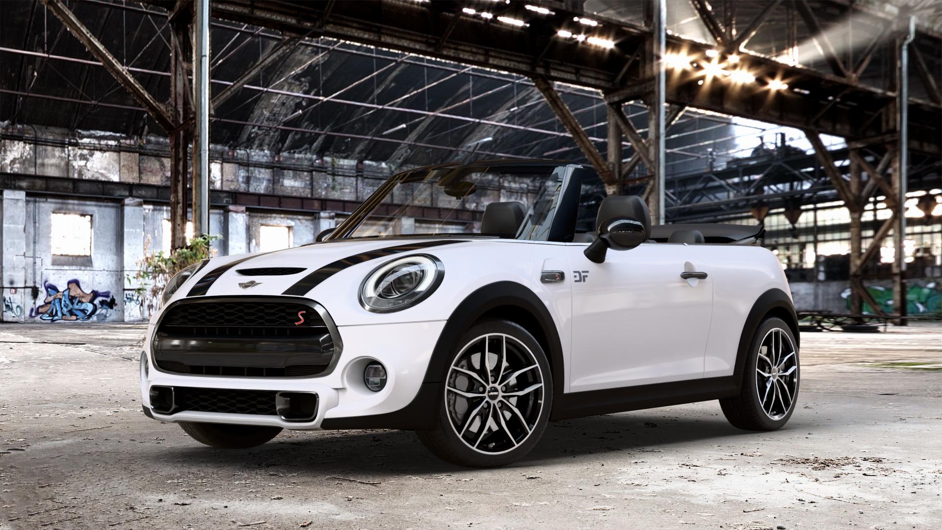 AUTEC Bavaris Schwarz poliert Felge mit Reifen in 17Zoll Winterfelge Alufelge auf weissem Mini F57 Typ UKL-L (Cabriolet) 2,0l Cooper S 141kW (192 PS) SD 125kW (170 JCW 170kW (231 FMCA 155kW (211 120kW (163 Facelift ⬇️ mit 15mm Tieferlegung ⬇️ Old Industrial Hall_max_4400mm_2024 Frontansicht_1