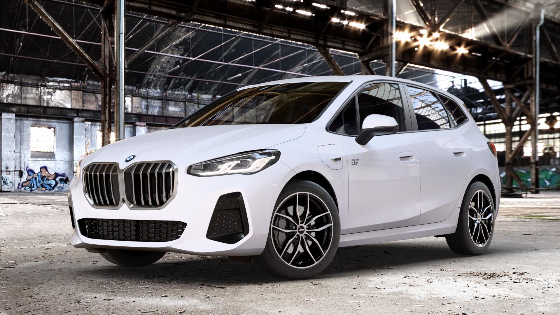 AUTEC Bavaris Schwarz poliert Felge mit Reifen in 18Zoll Winterfelge Alufelge auf weissem BMW 2er U06 Active Tourer (U2AT) ⬇️ mit 15mm Tieferlegung ⬇️ Old Industrial Hall_max_4400mm_2024 Frontansicht_1