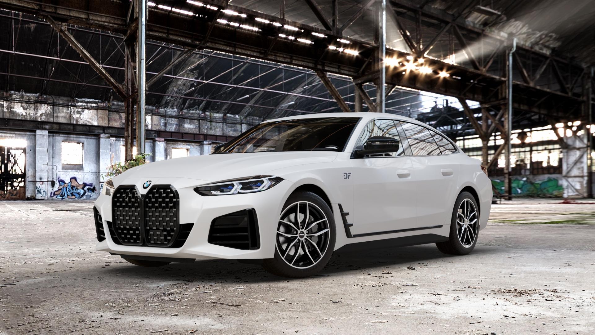 AUTEC Bavaris Schwarz poliert Felge mit Reifen in 18Zoll Winterfelge Alufelge auf weissem BMW 4er G26 Gran Coupe (G4C) ⬇️ mit 15mm Tieferlegung ⬇️ Old Industrial Hall_max_5300mm_2024 Frontansicht_1